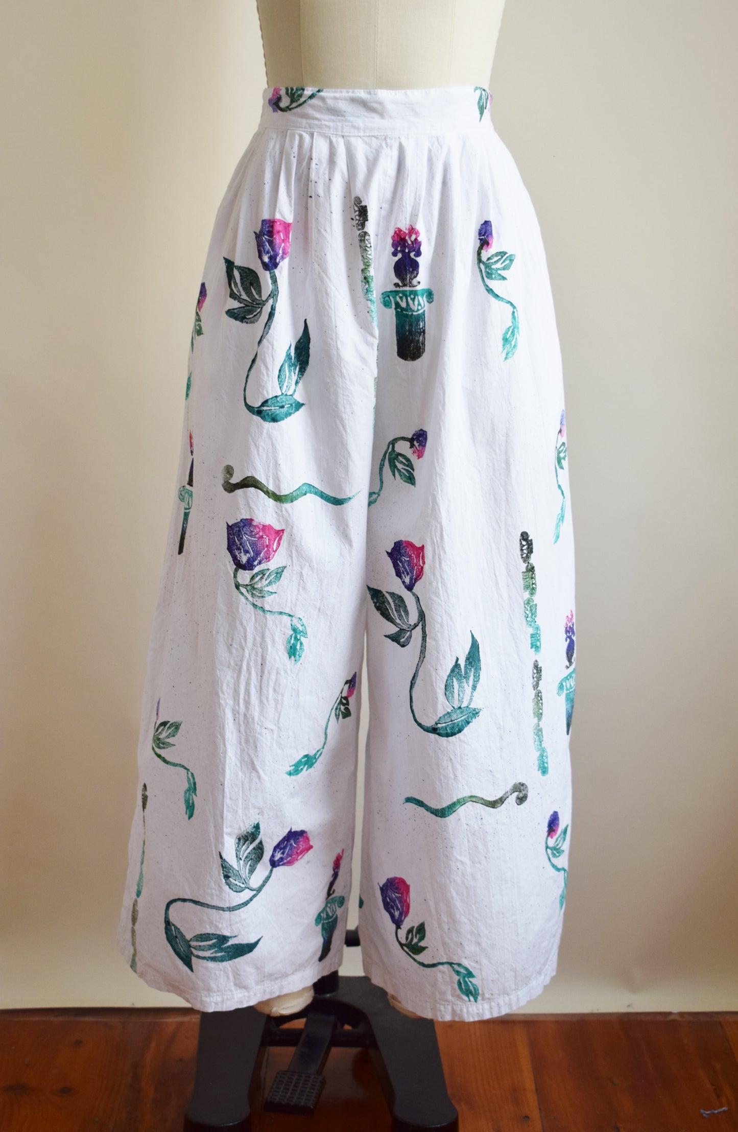90s Hand Painted Wide Leg Cotton Pants | S-M
