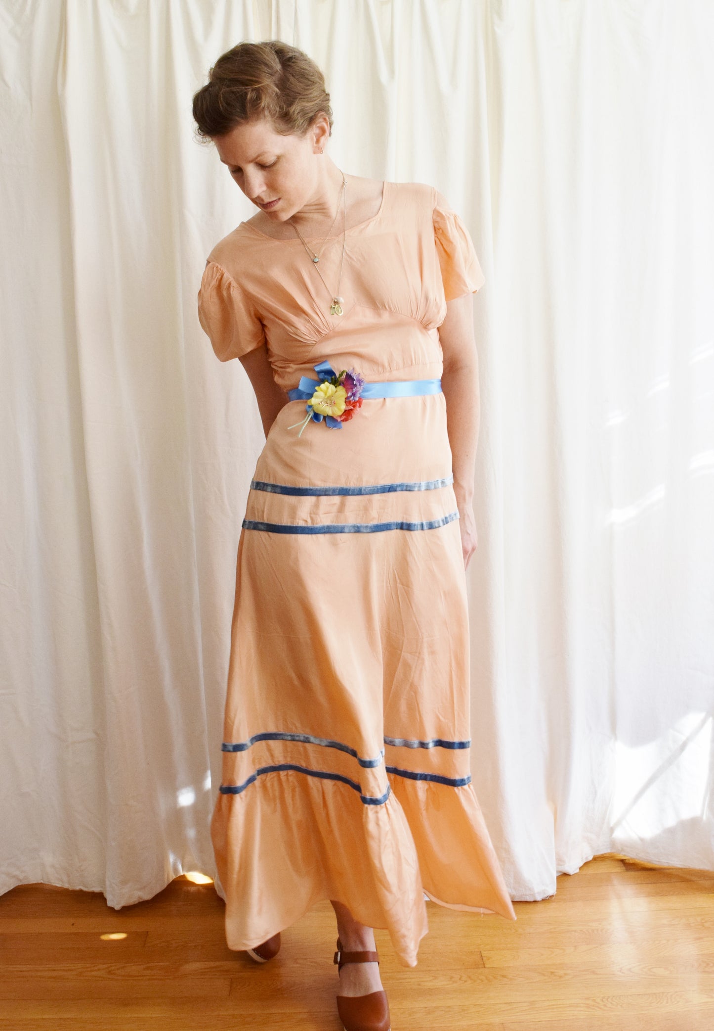 1930s Peachy Taffeta Puff Sleeve Gown with Cold Shoulder Detail