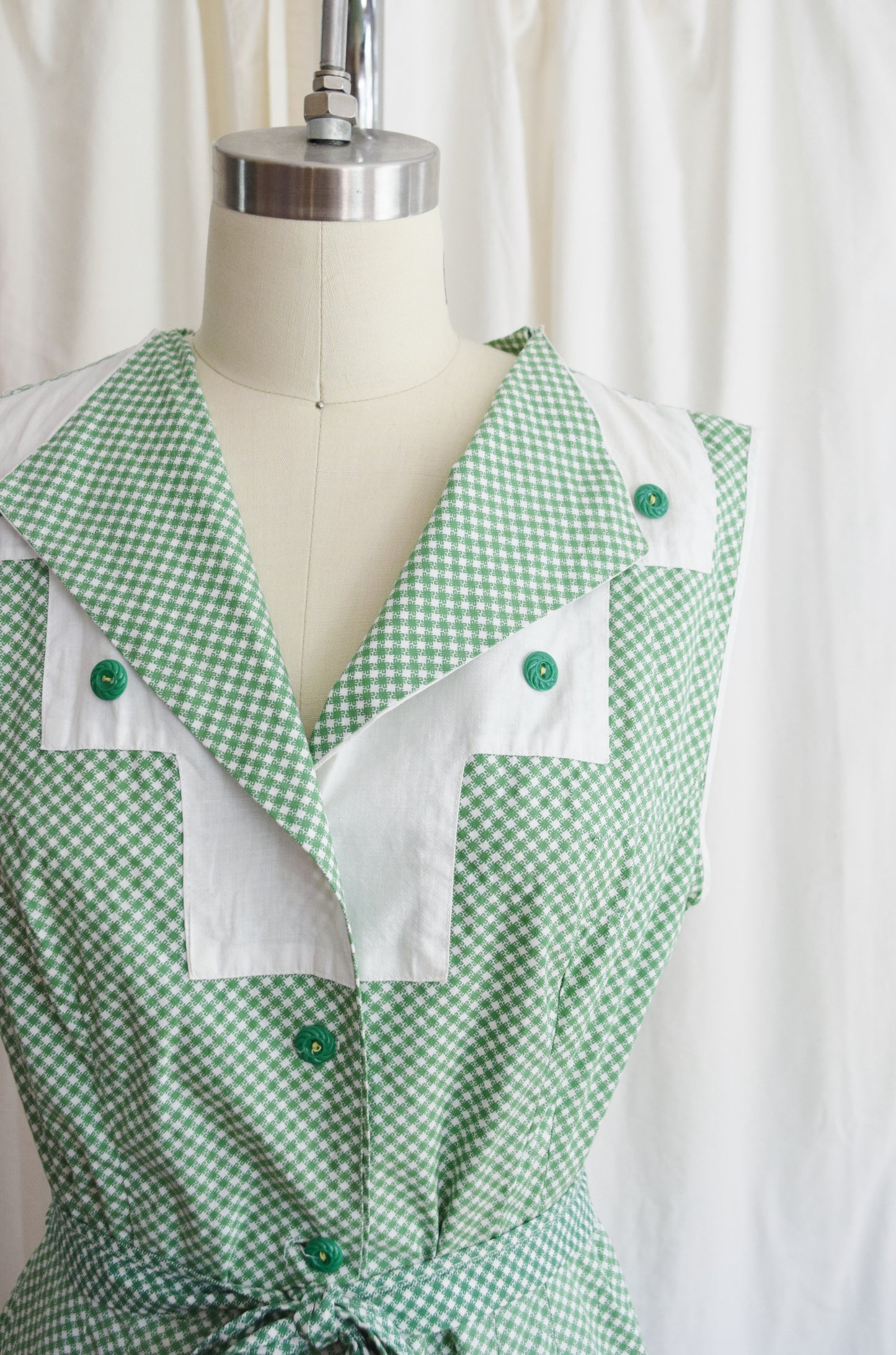 1930s Green Gingham Day Dress | 28" W, approx. Medium