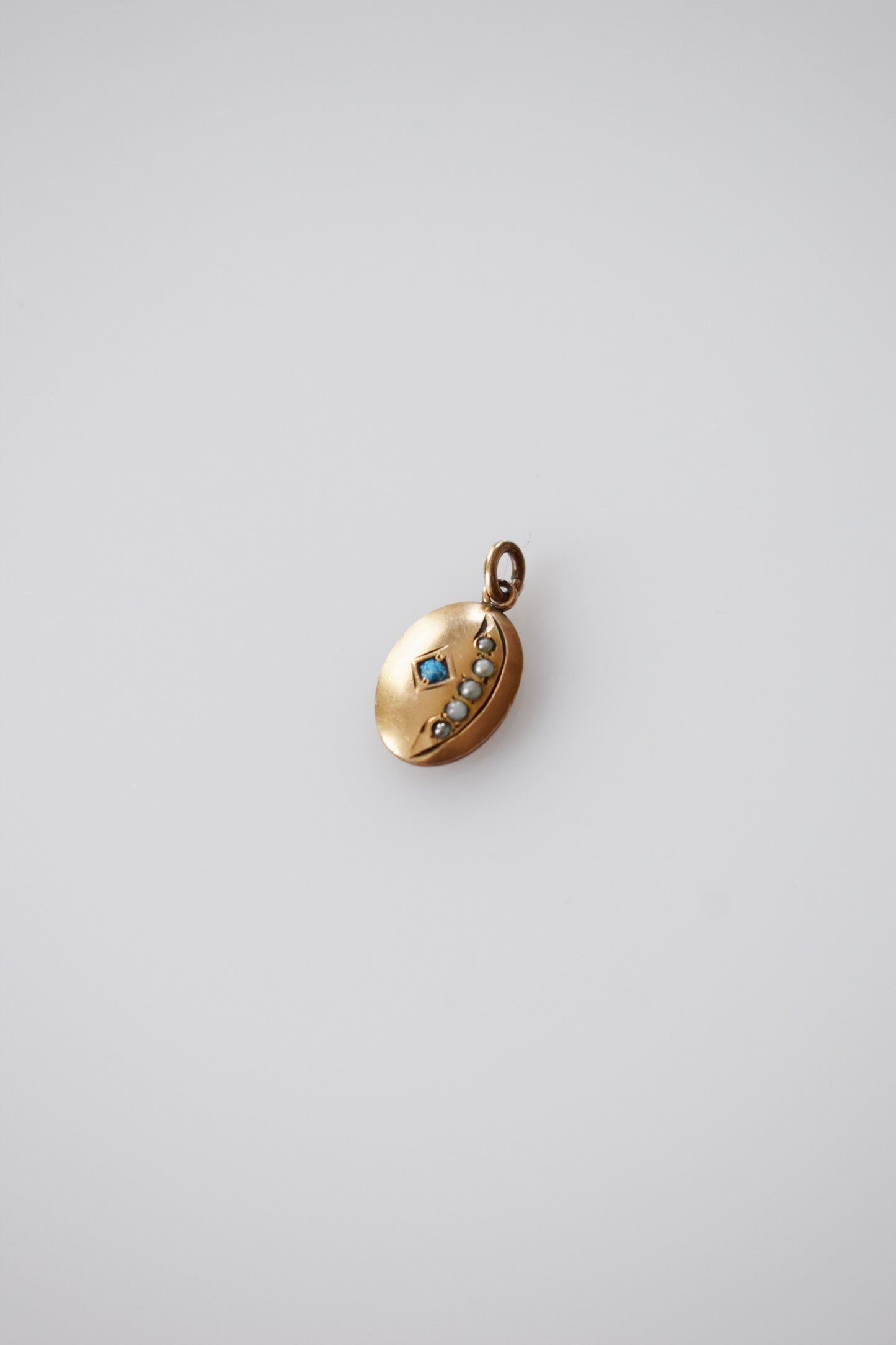 Petite Antique Crescent Charm | Pearl + Opal | Initial "E"