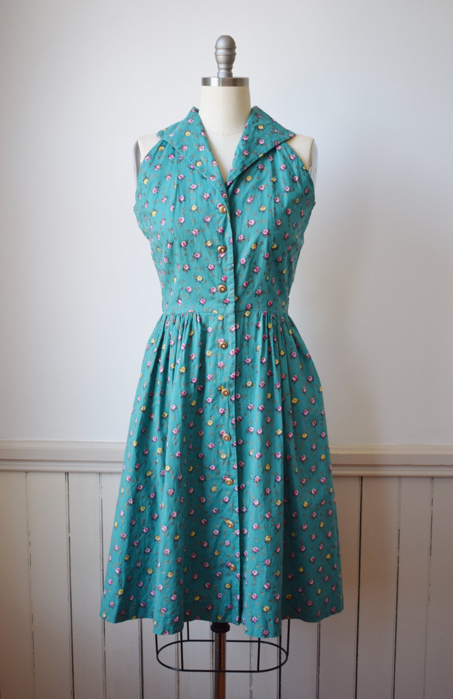 1950s Teal + Rose Print Day Dress | M