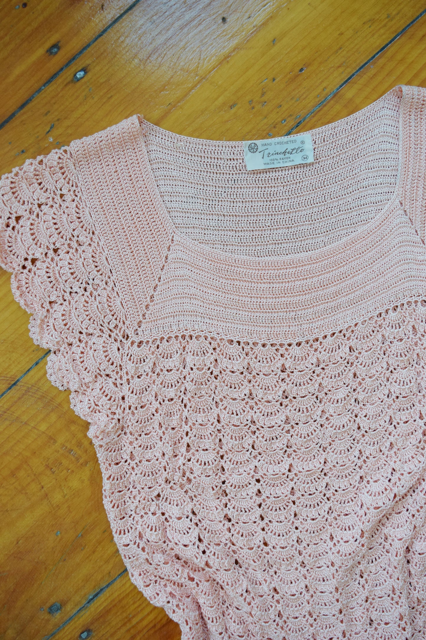 1970s Hand Crocheted Peachy Blouse | S/M