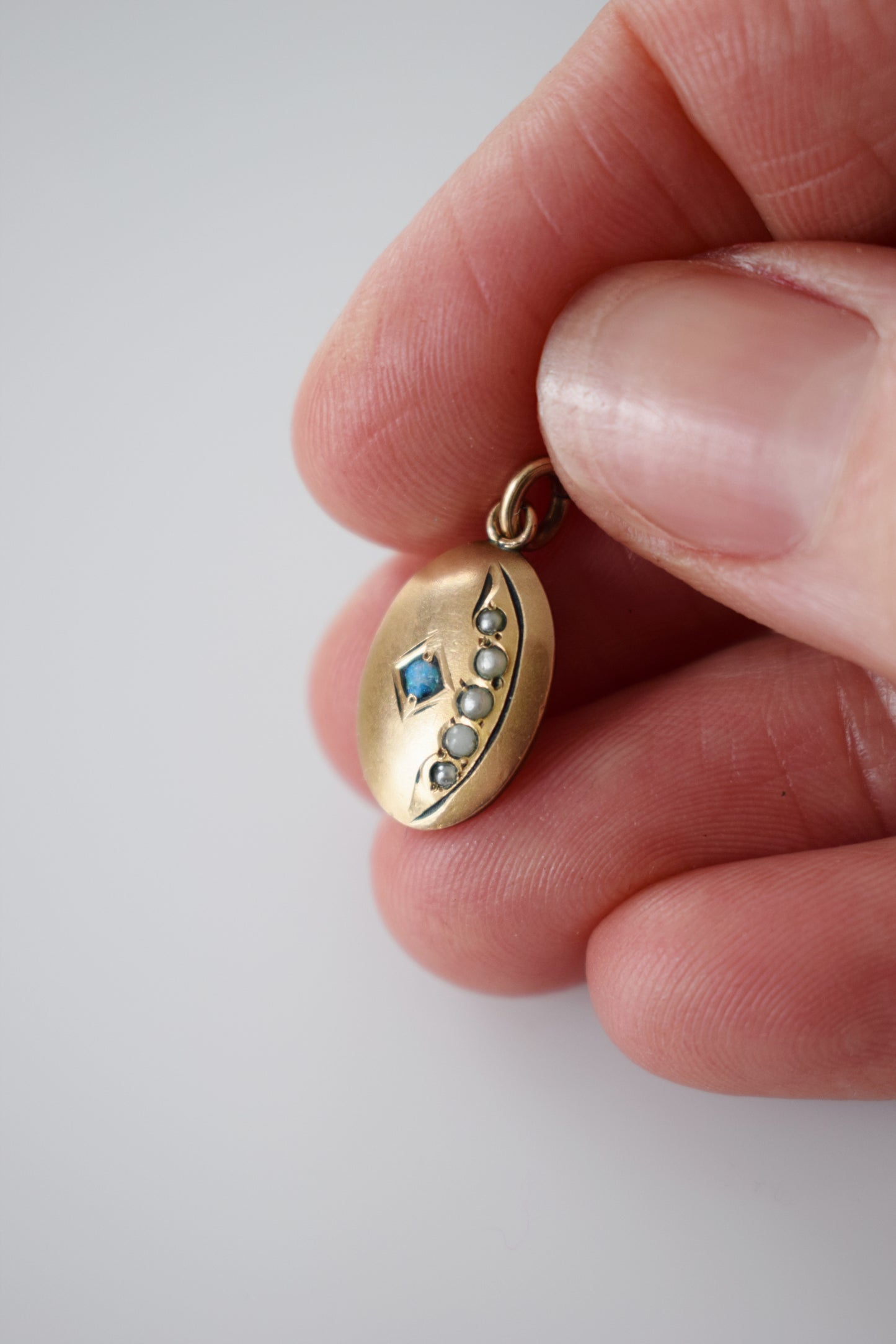 Petite Antique Crescent Charm | Pearl + Opal | Initial "E"