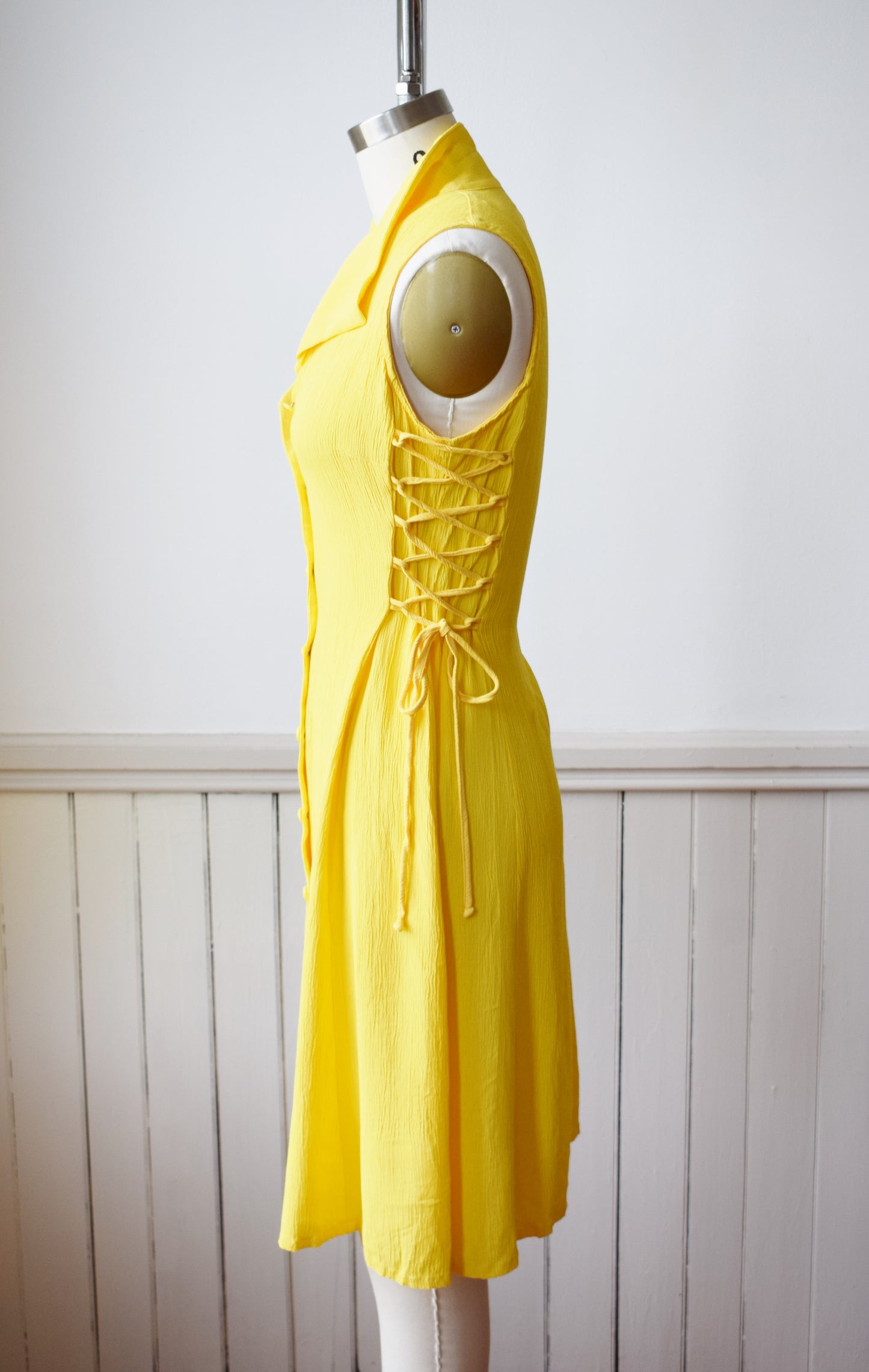 90s Sunshine Yellow Side-Lace Dress | XS