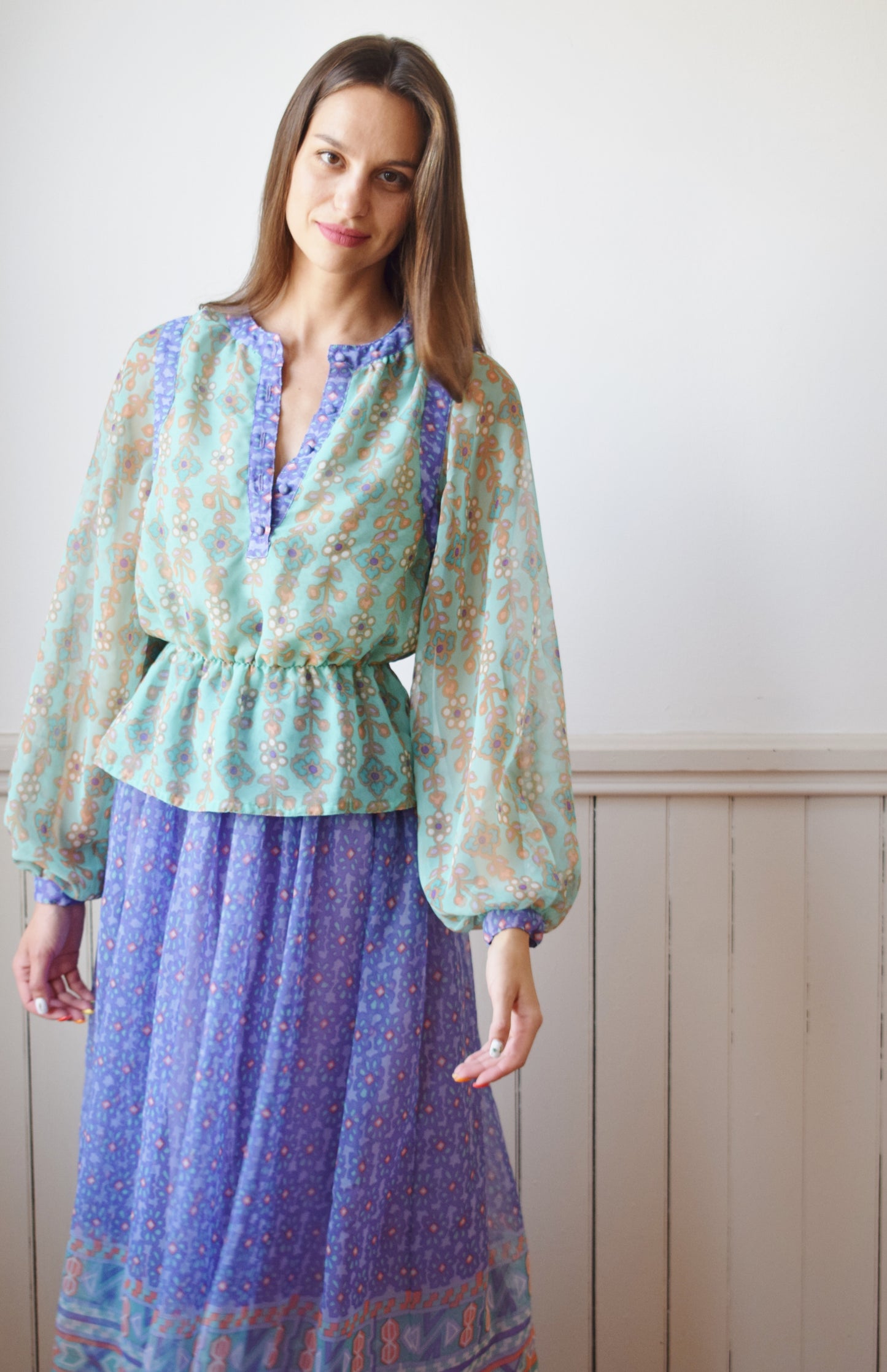 1970s Chiffon Peasant Dress Set | S