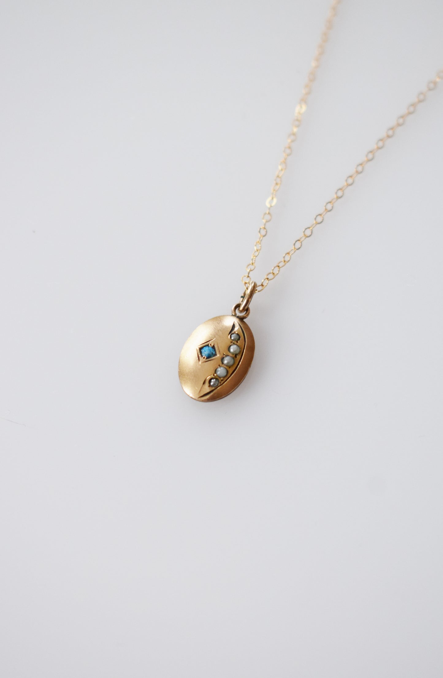 Petite Antique Crescent Charm | Pearl + Opal | Initial "E"