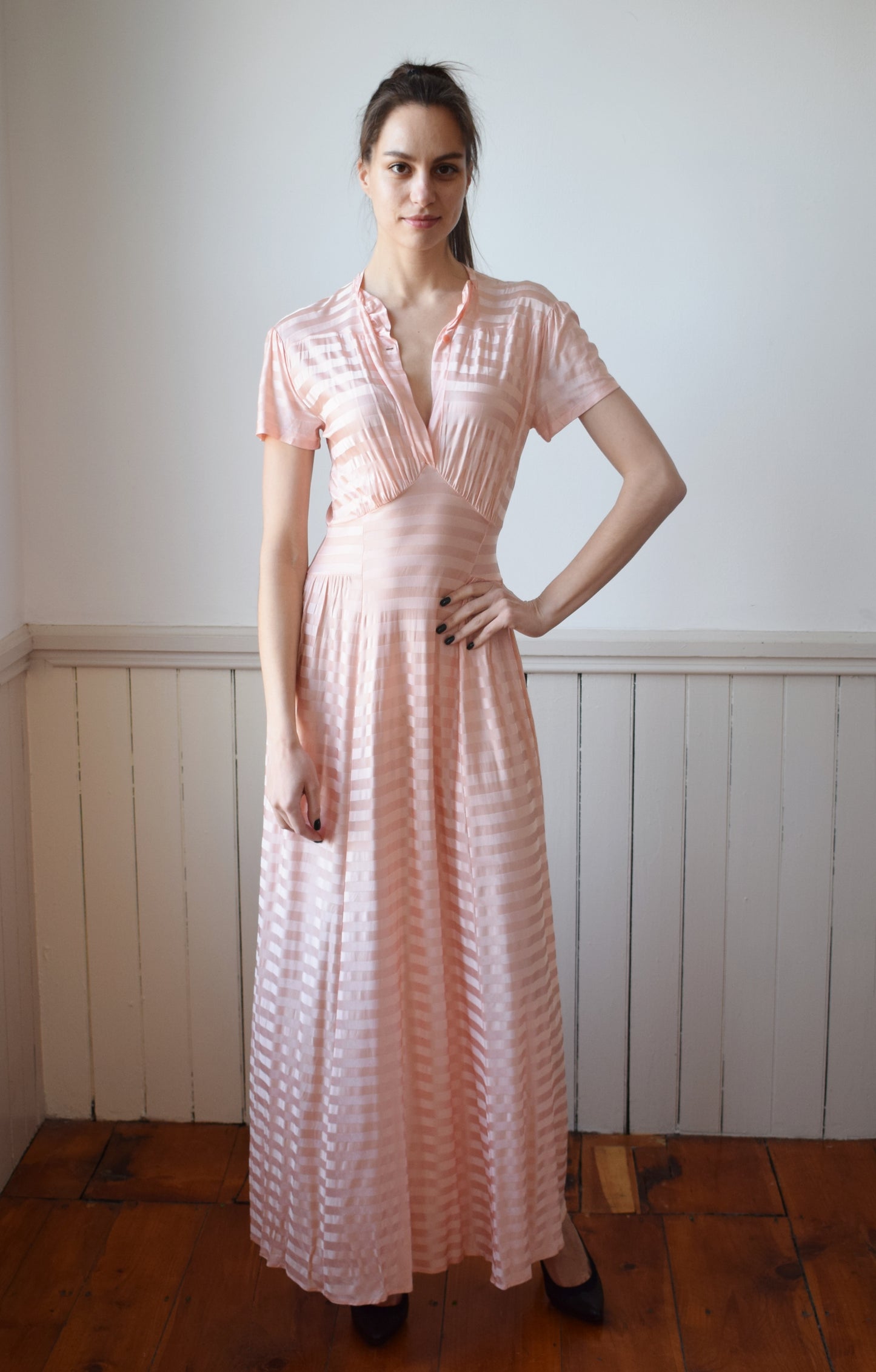 1940s Pink Striped Knit Dress | XS/S