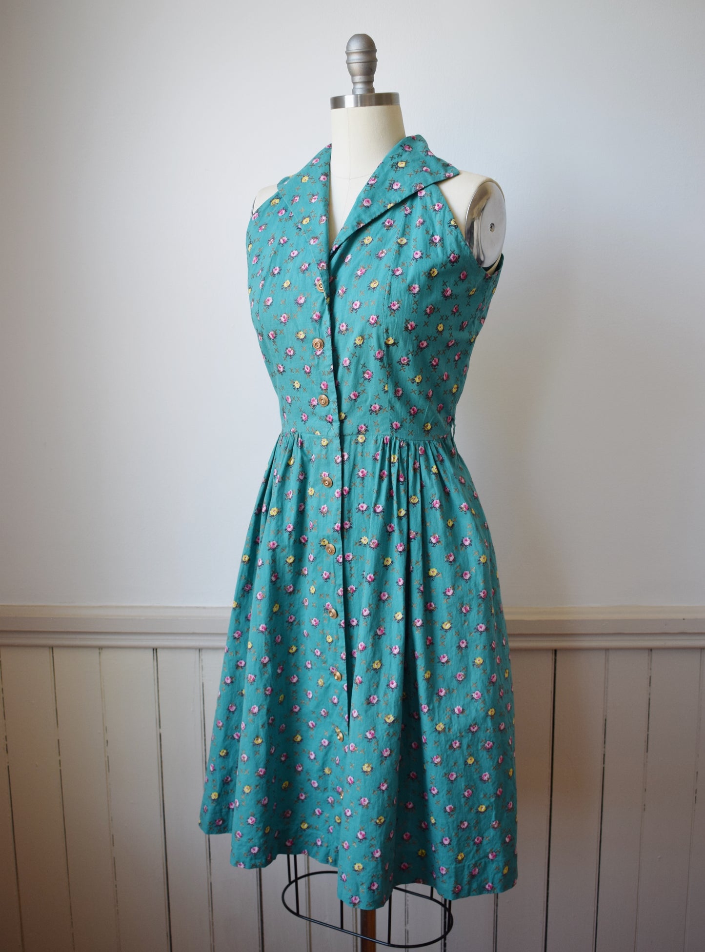 1950s Teal + Rose Print Day Dress | M