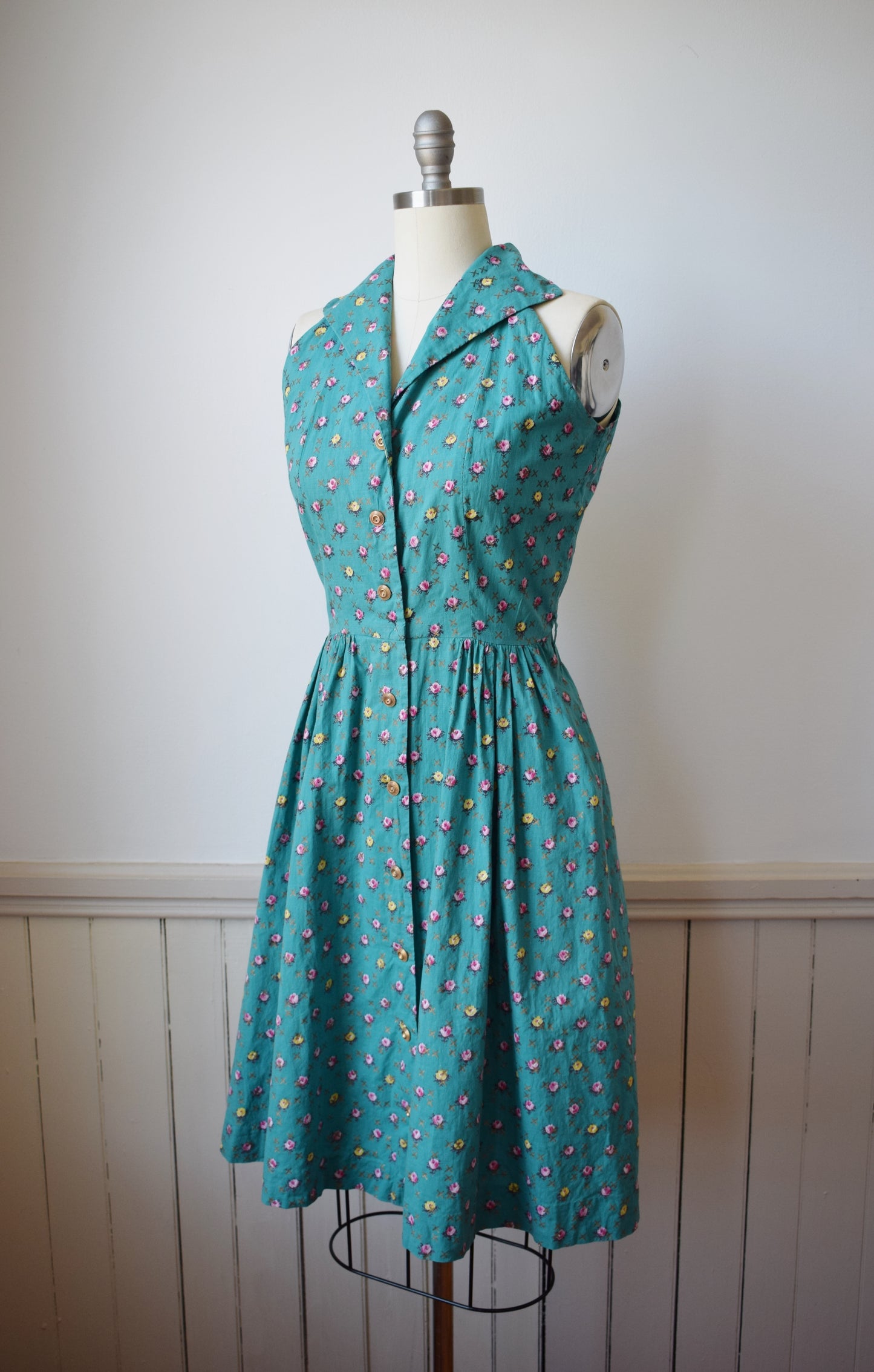 1950s Teal + Rose Print Day Dress | M