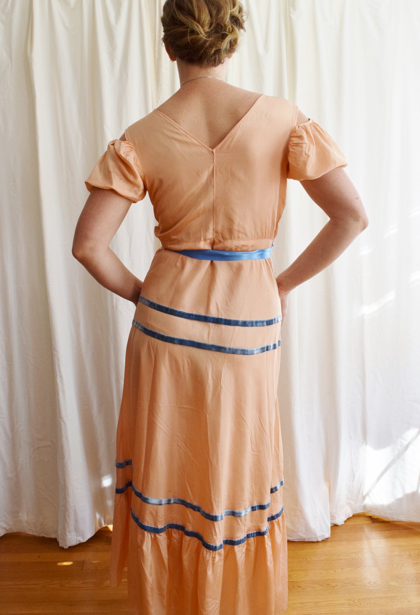 1930s Peachy Taffeta Puff Sleeve Gown with Cold Shoulder Detail