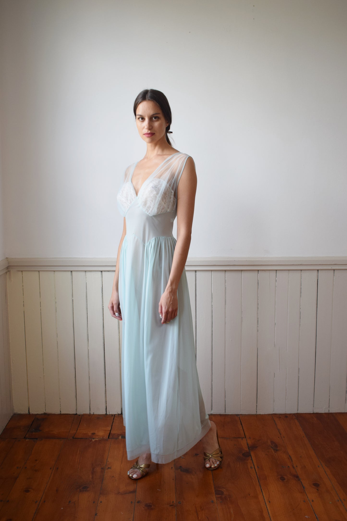 1970s Robin's Egg Blue Nylon Nightgown | S/M