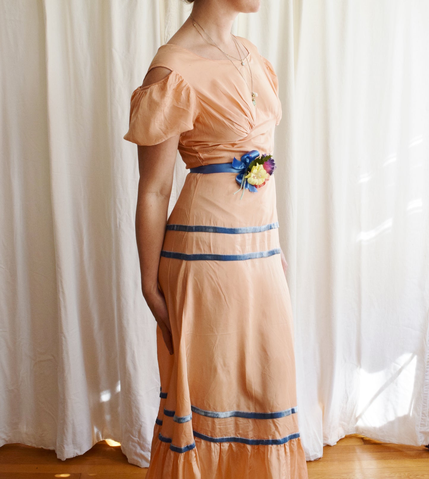1930s Peachy Taffeta Puff Sleeve Gown with Cold Shoulder Detail