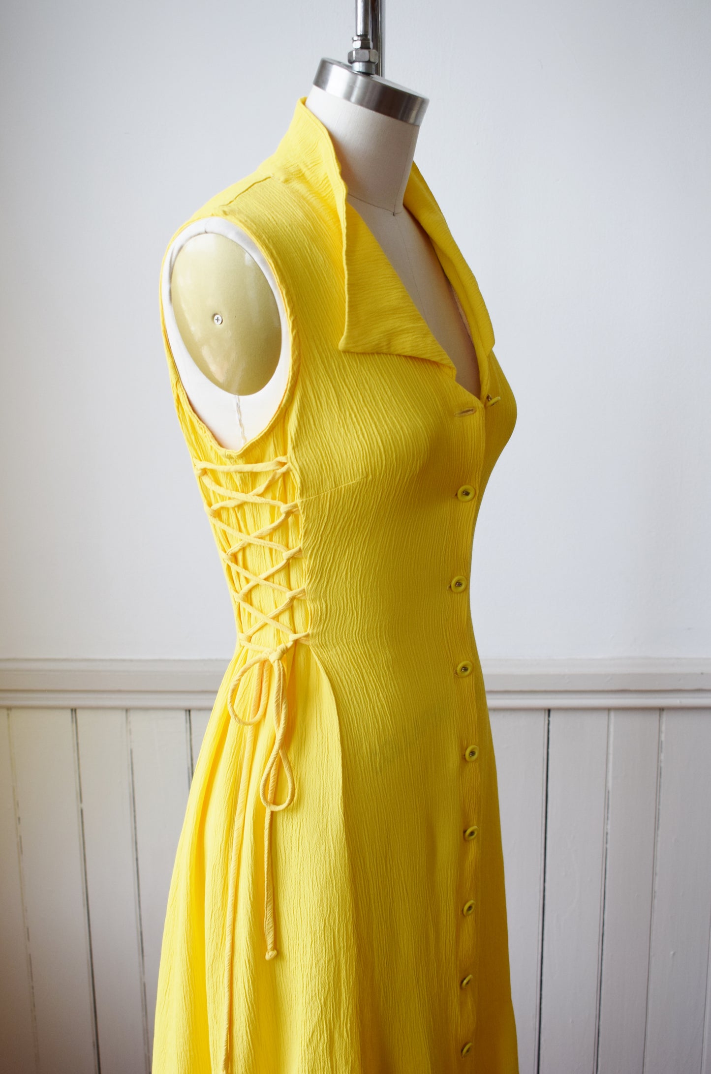 90s Sunshine Yellow Side-Lace Dress | XS