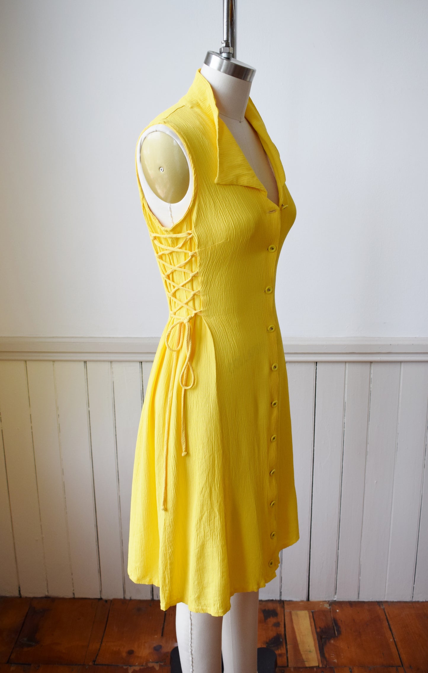 90s Sunshine Yellow Side-Lace Dress | XS