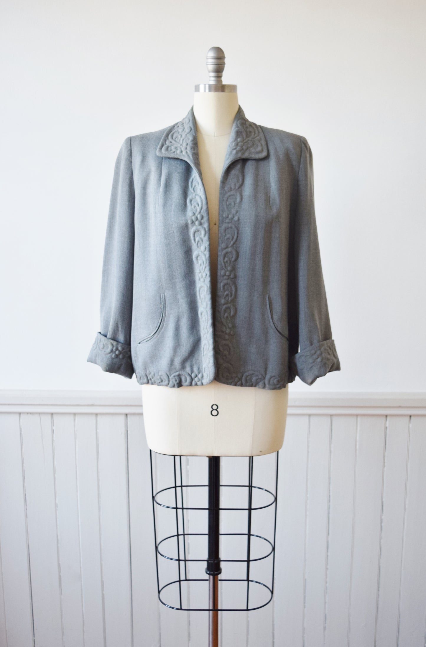 1940s Trapunto Grey Wool Swing Jacket | M