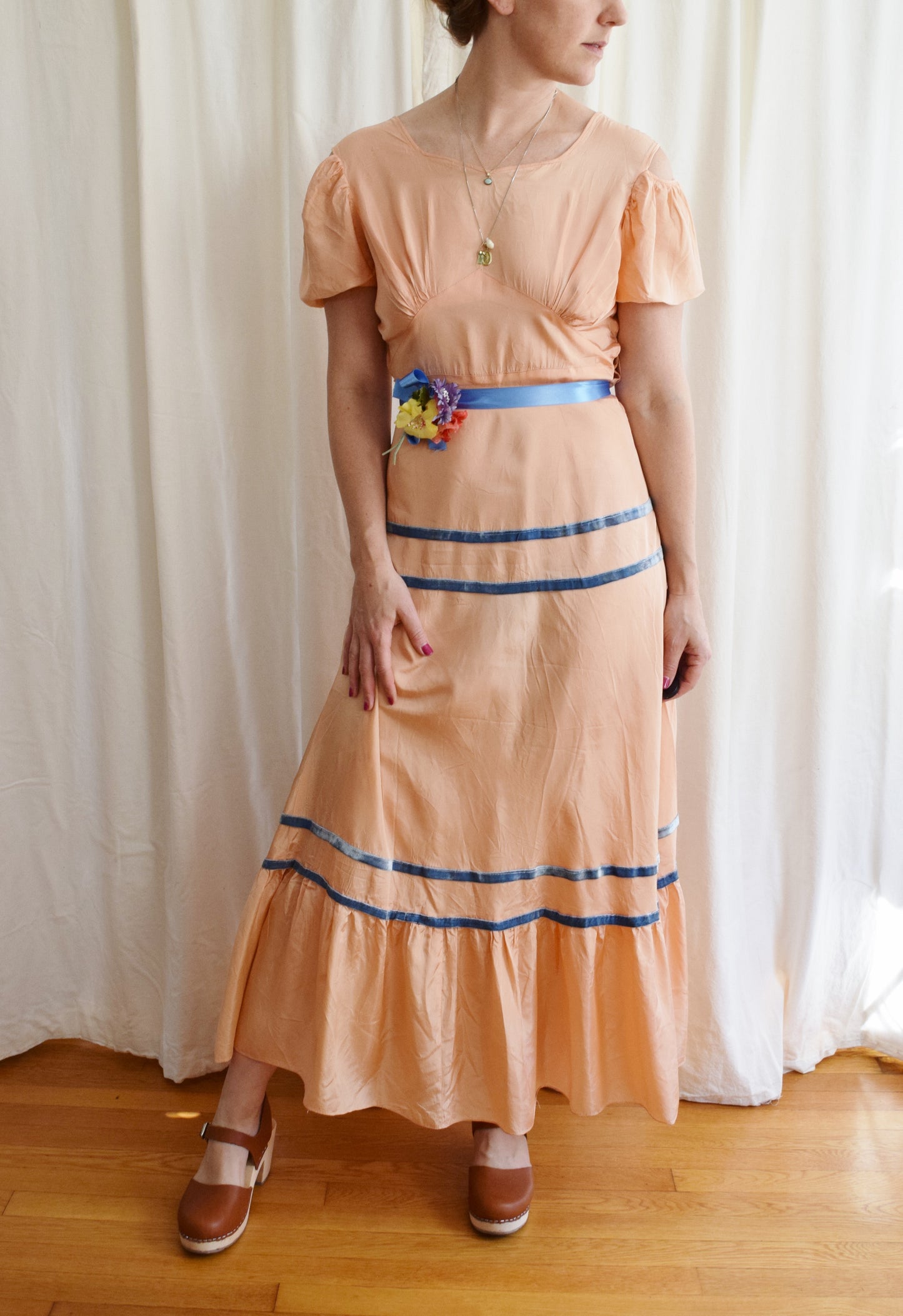 1930s Peachy Taffeta Puff Sleeve Gown with Cold Shoulder Detail