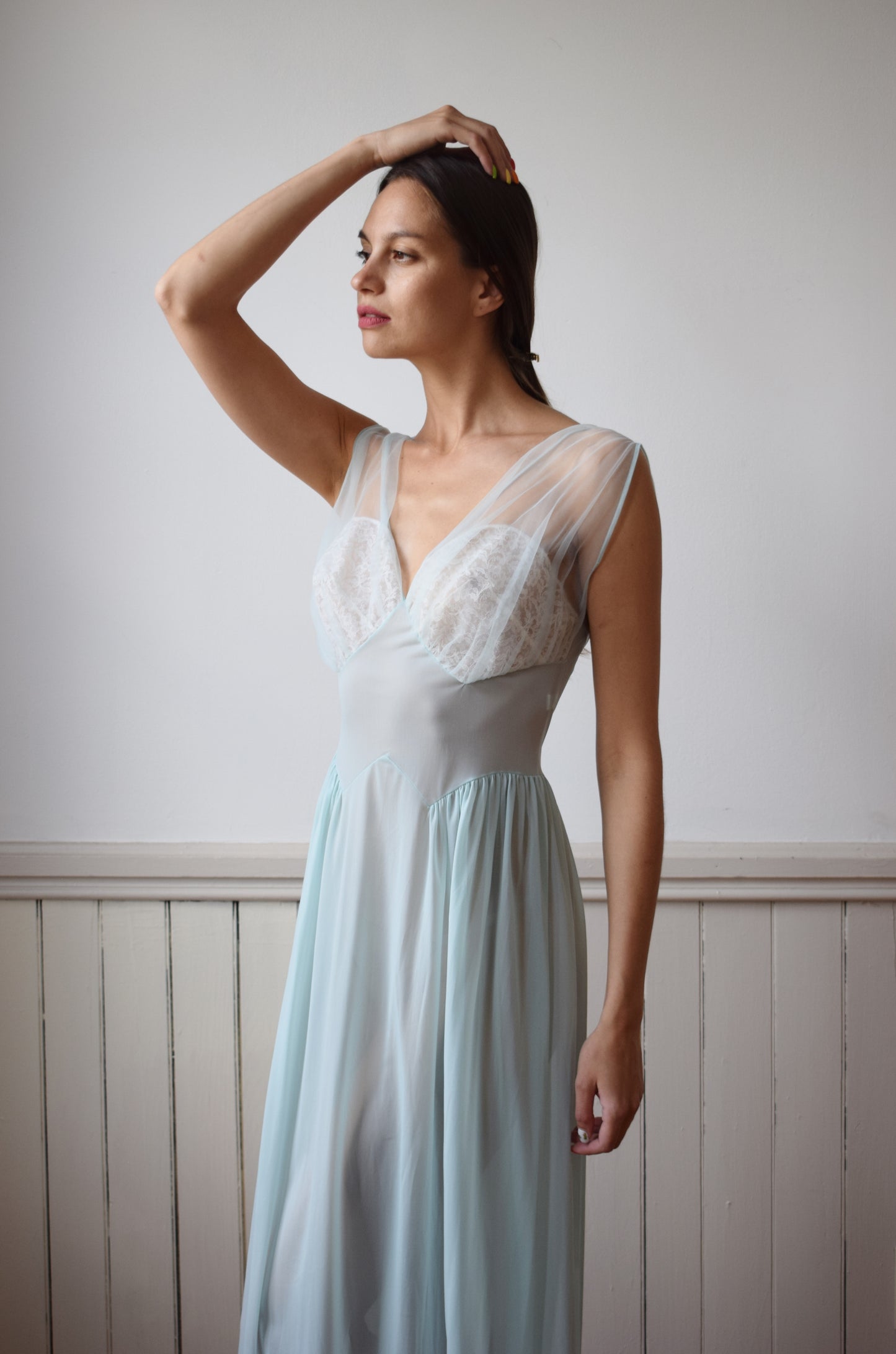 1970s Robin's Egg Blue Nylon Nightgown | S/M