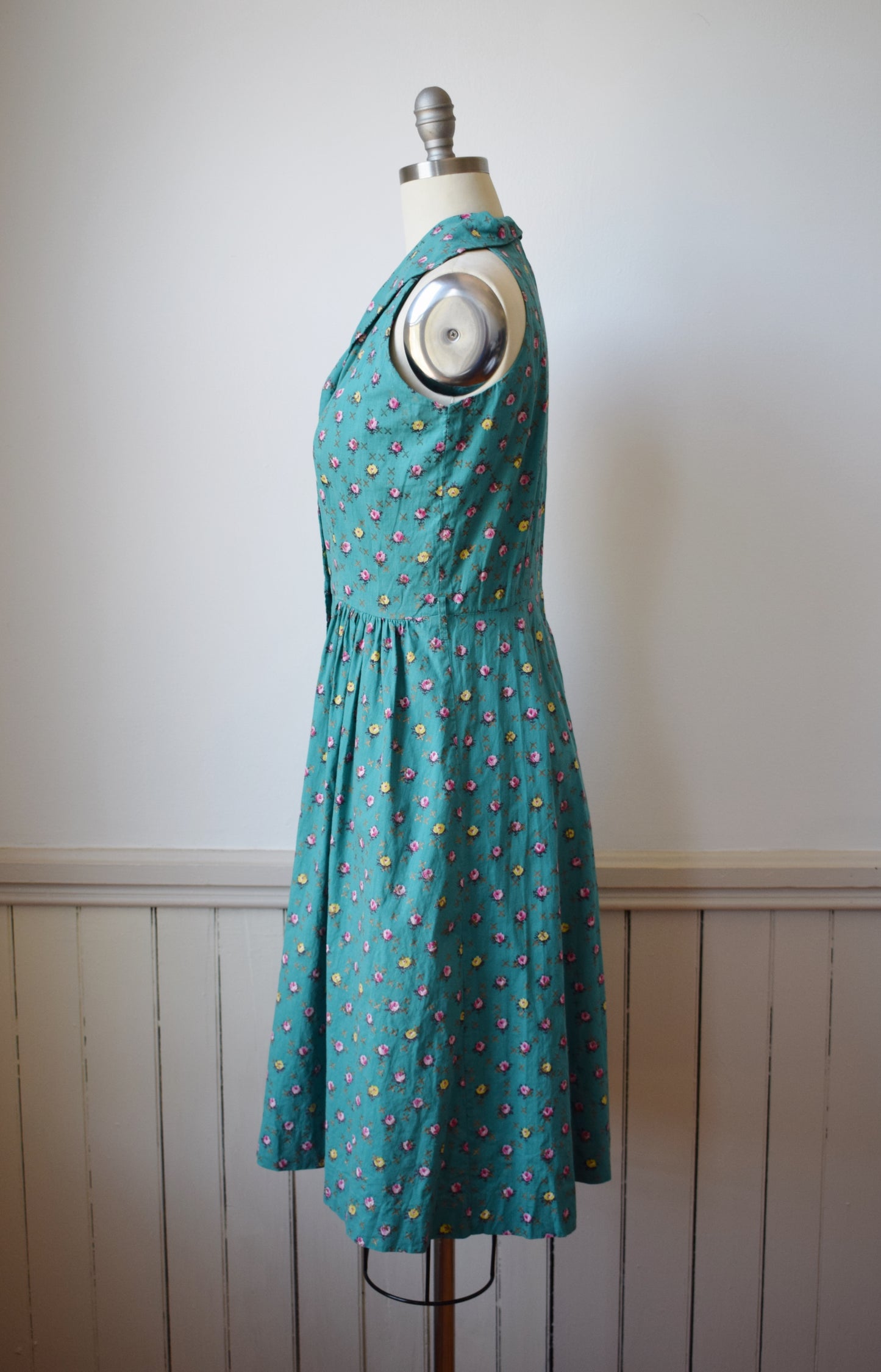1950s Teal + Rose Print Day Dress | M