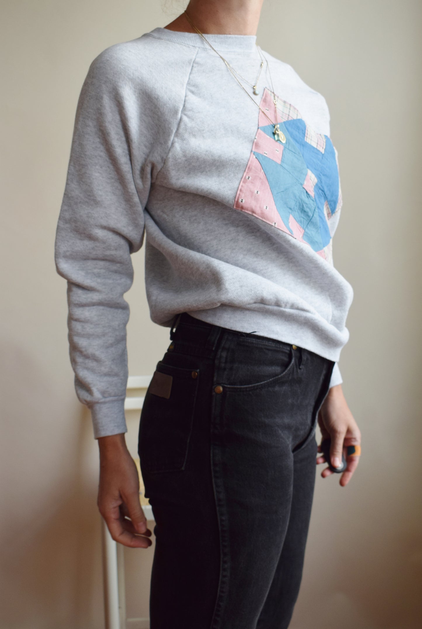 Vintage Raglan with Quilt Square Patch | Light Grey | M