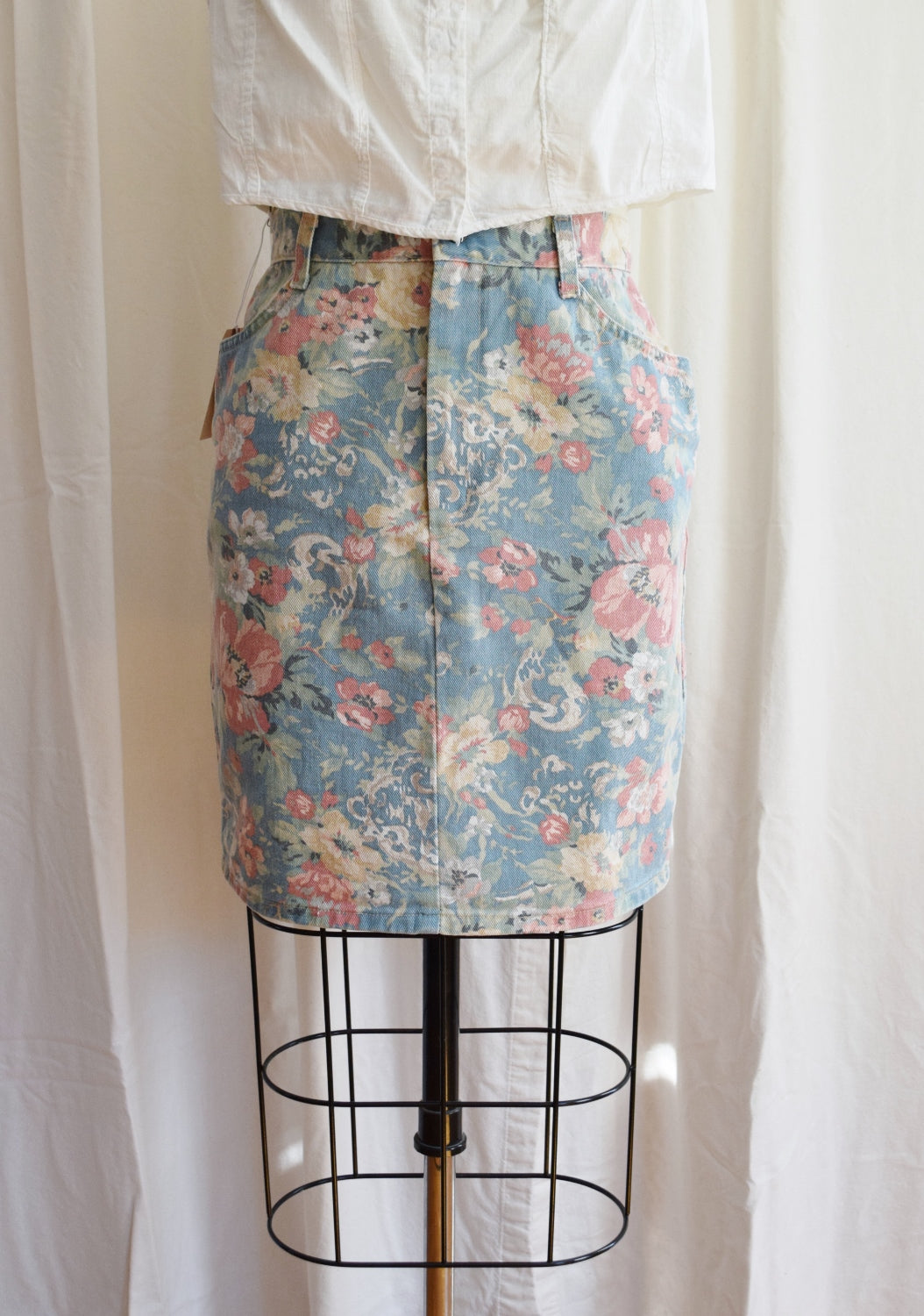1980s Pastel Floral Print Denim Skirt