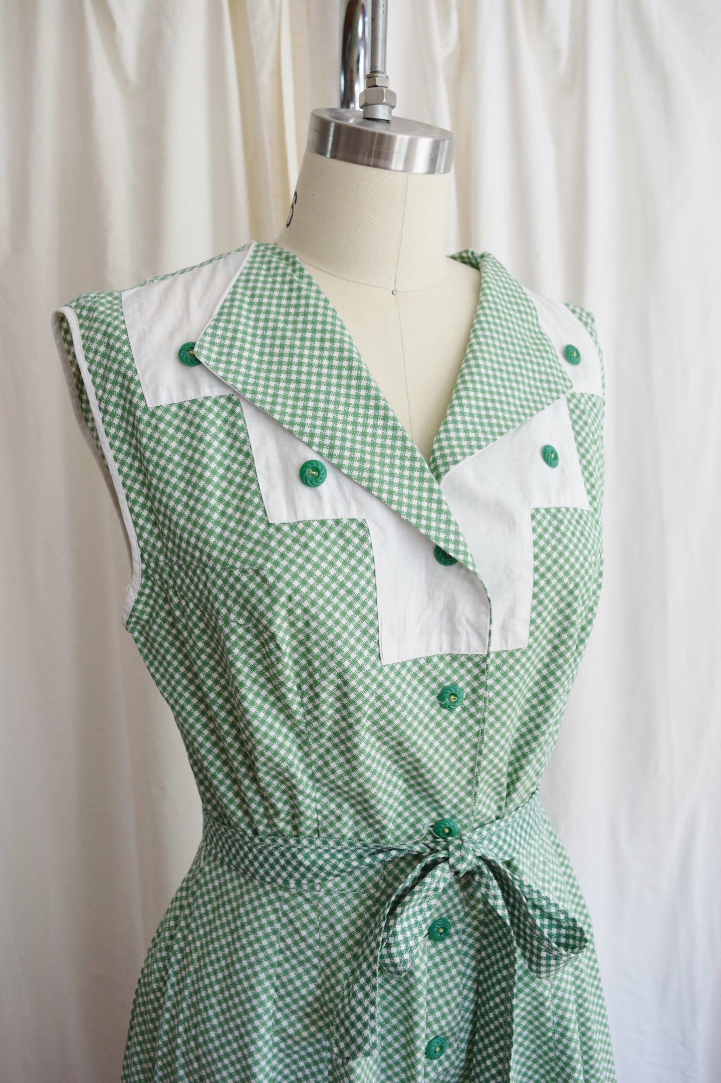 1930s Green Gingham Day Dress | 28" W, approx. Medium