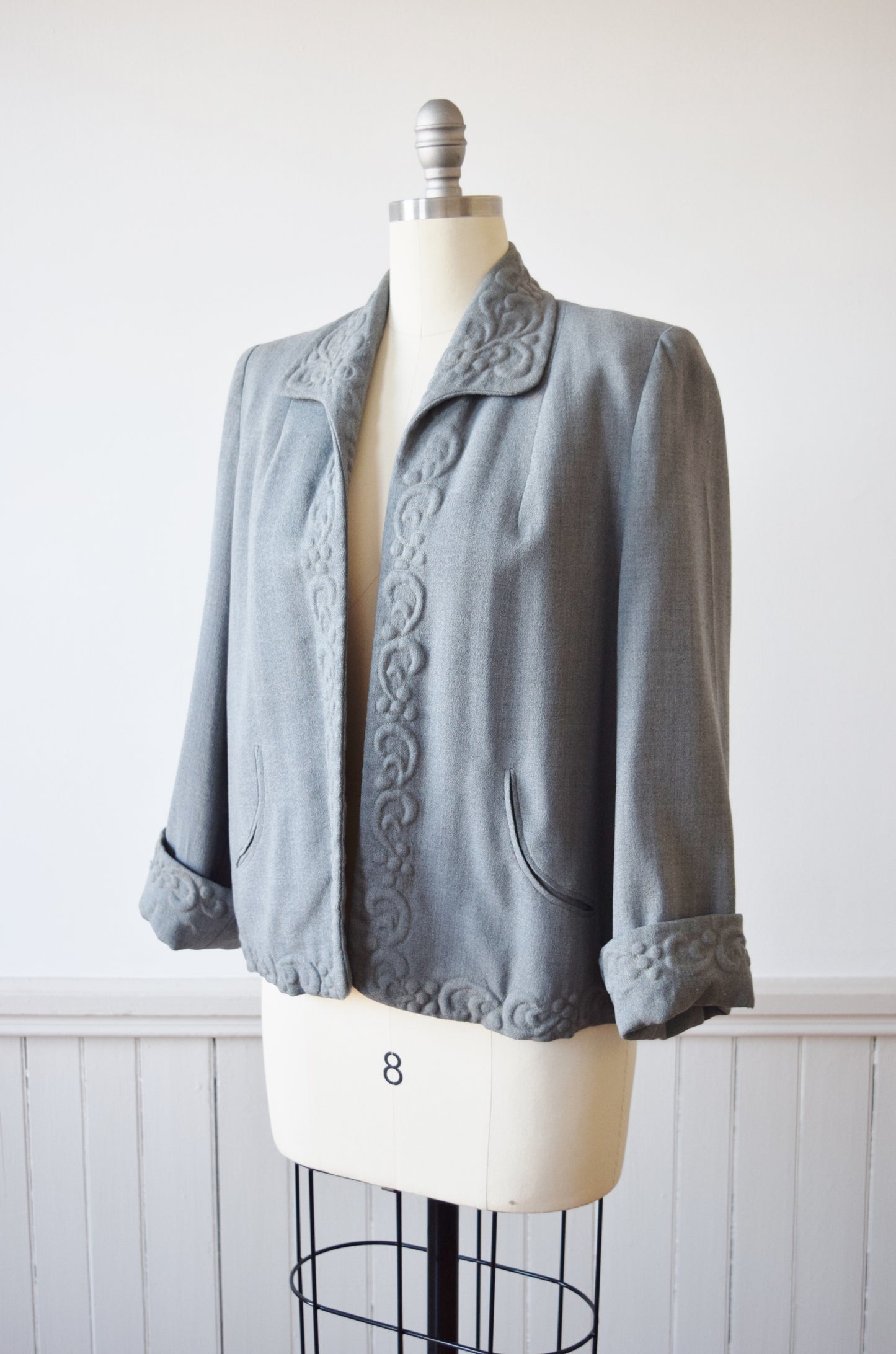 1940s Trapunto Grey Wool Swing Jacket | M