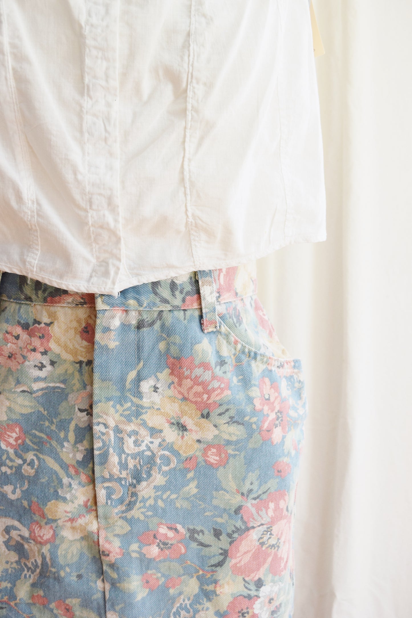 1980s Pastel Floral Print Denim Skirt