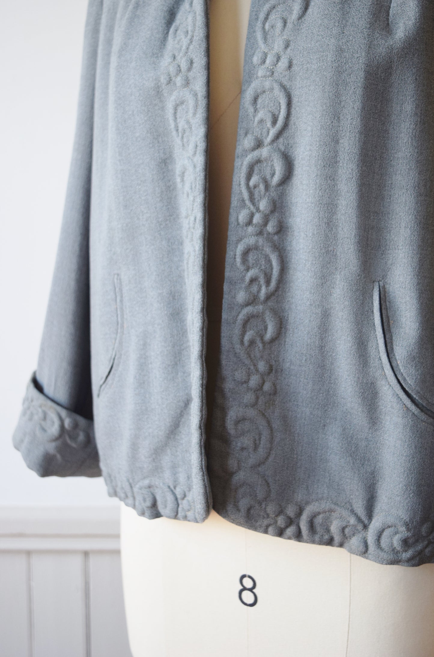 1940s Trapunto Grey Wool Swing Jacket | M