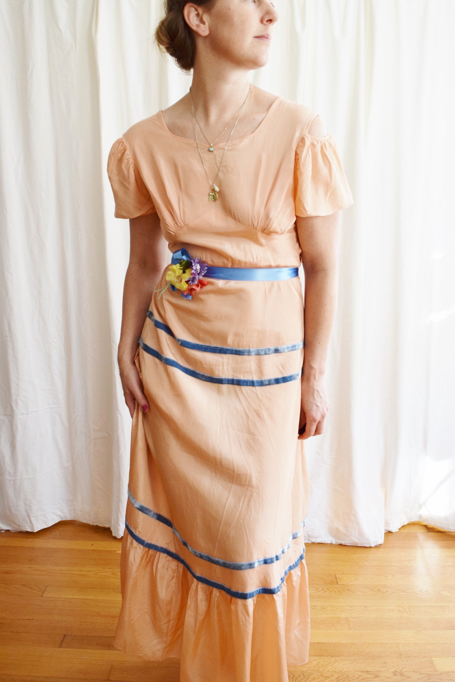 1930s Peachy Taffeta Puff Sleeve Gown with Cold Shoulder Detail