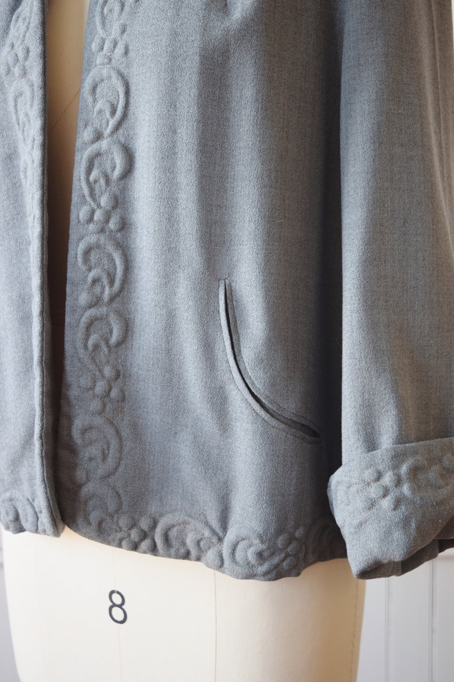 1940s Trapunto Grey Wool Swing Jacket | M