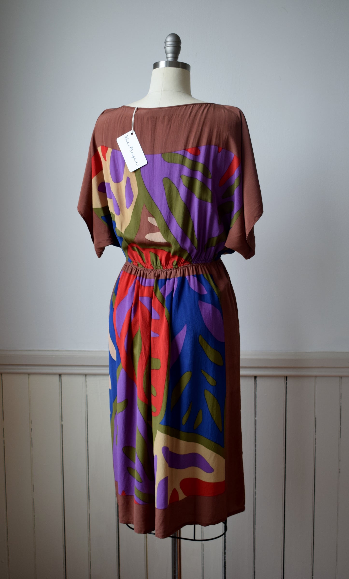 1980s Silk Abstract Leaf Print Dress by Soo Yung Lee | M/L