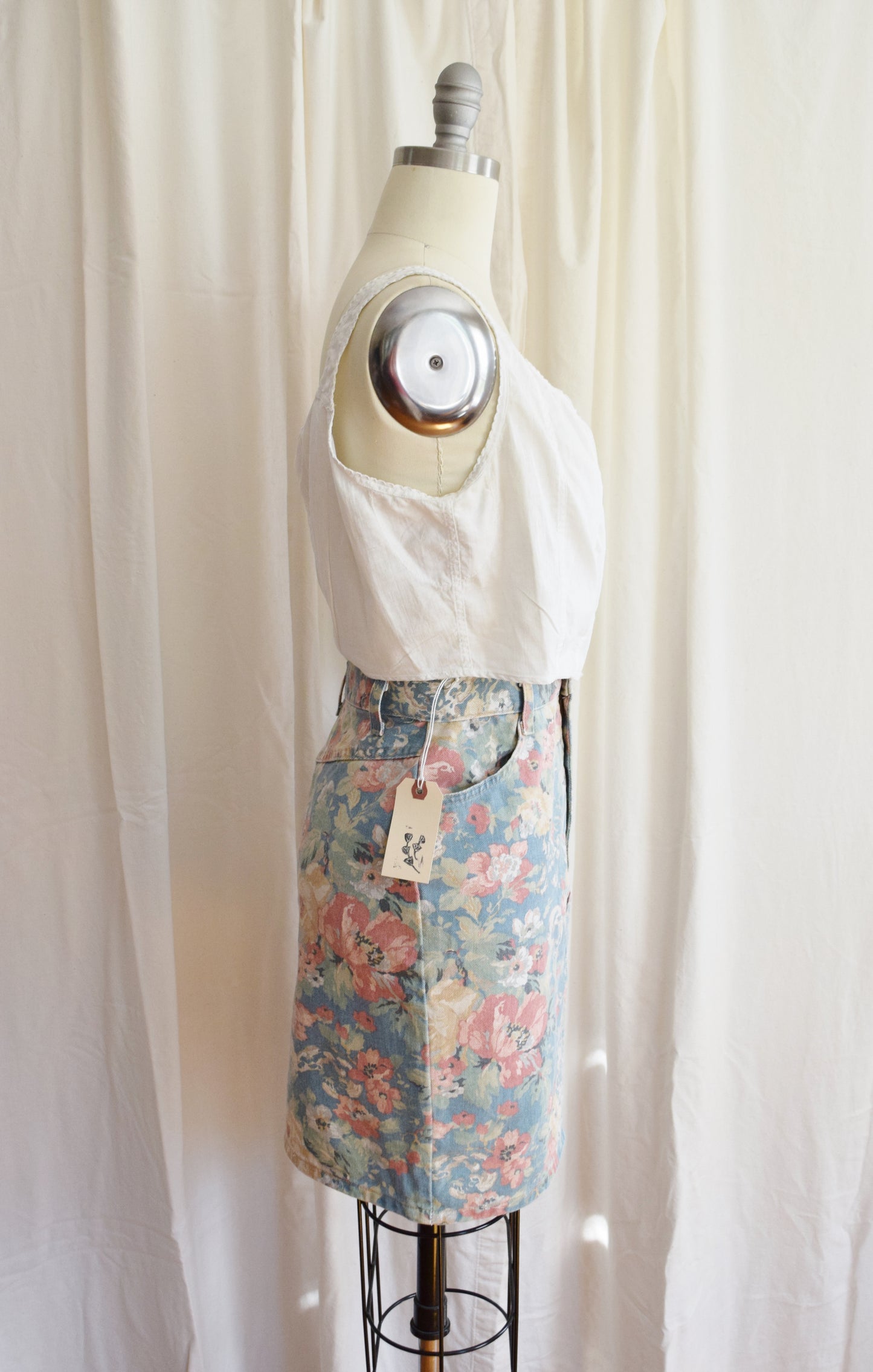 1980s Pastel Floral Print Denim Skirt