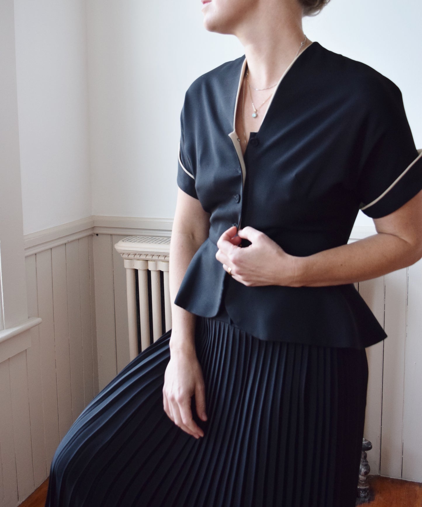1940s Pleated Black Dress with Peplum Waist | M