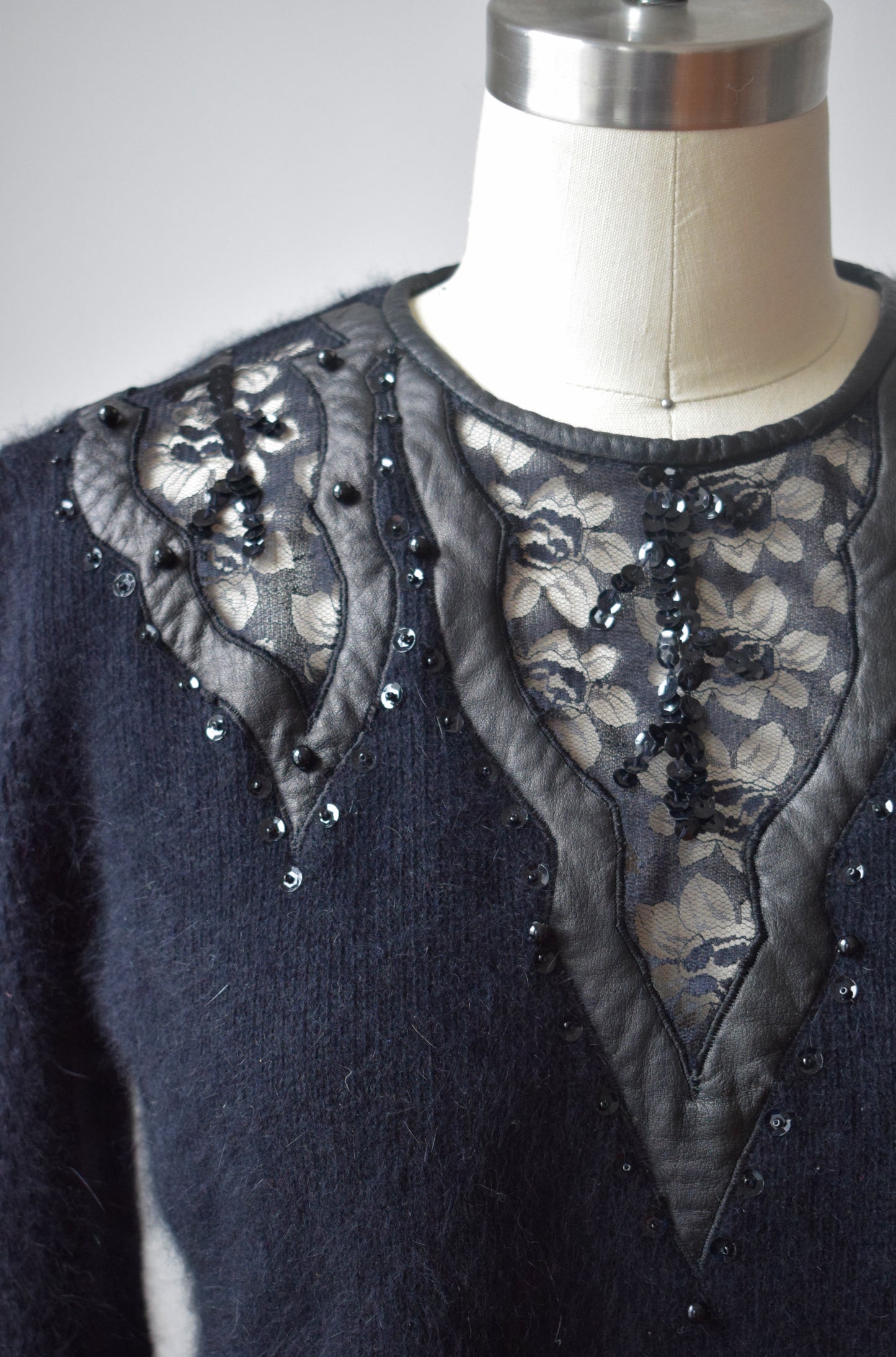 1980s Angora, Leather and Lace Sweater | S/M