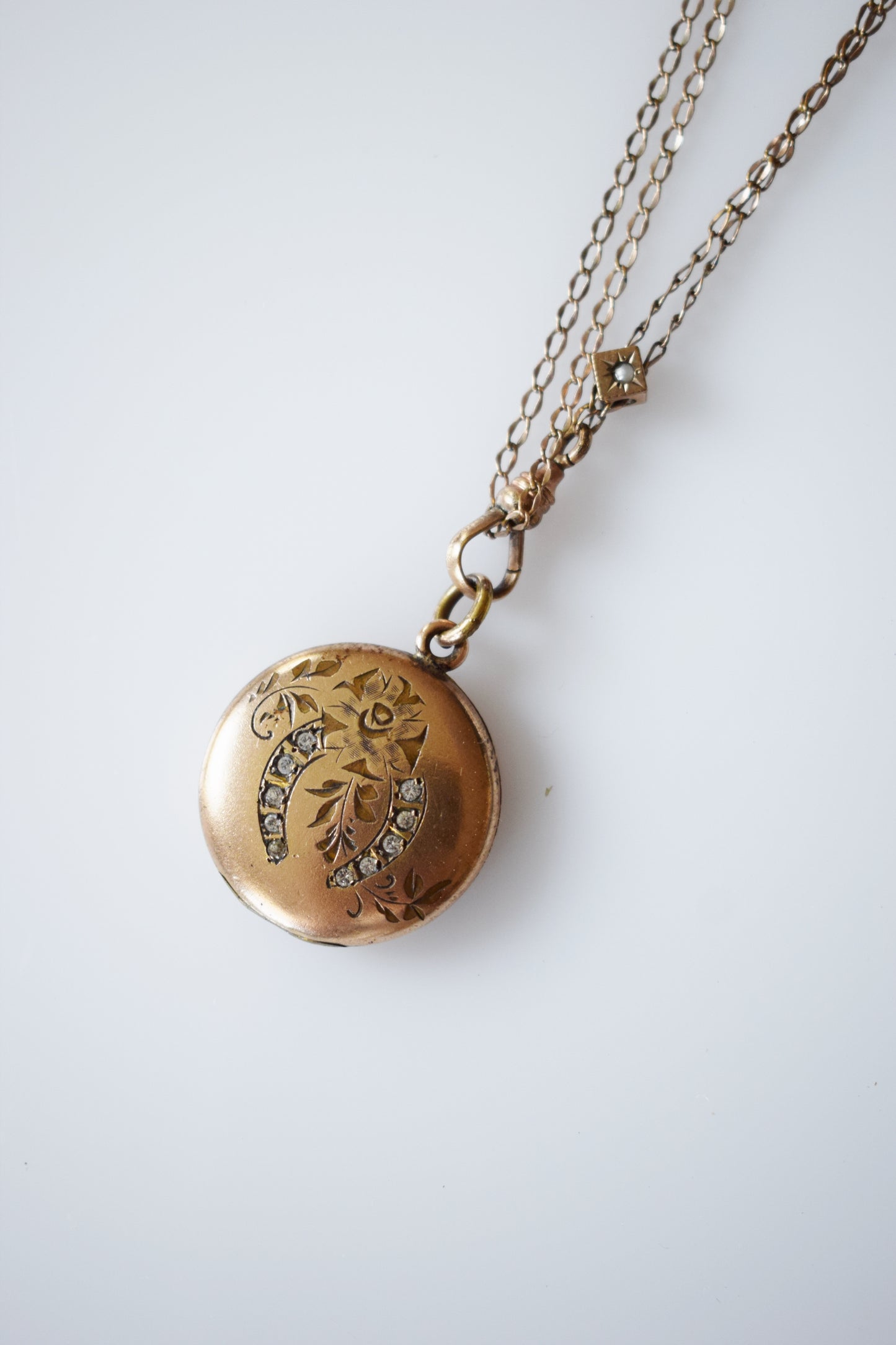 Antique Lucky Horseshoe Locket on Fob Chain with Pearl Slider