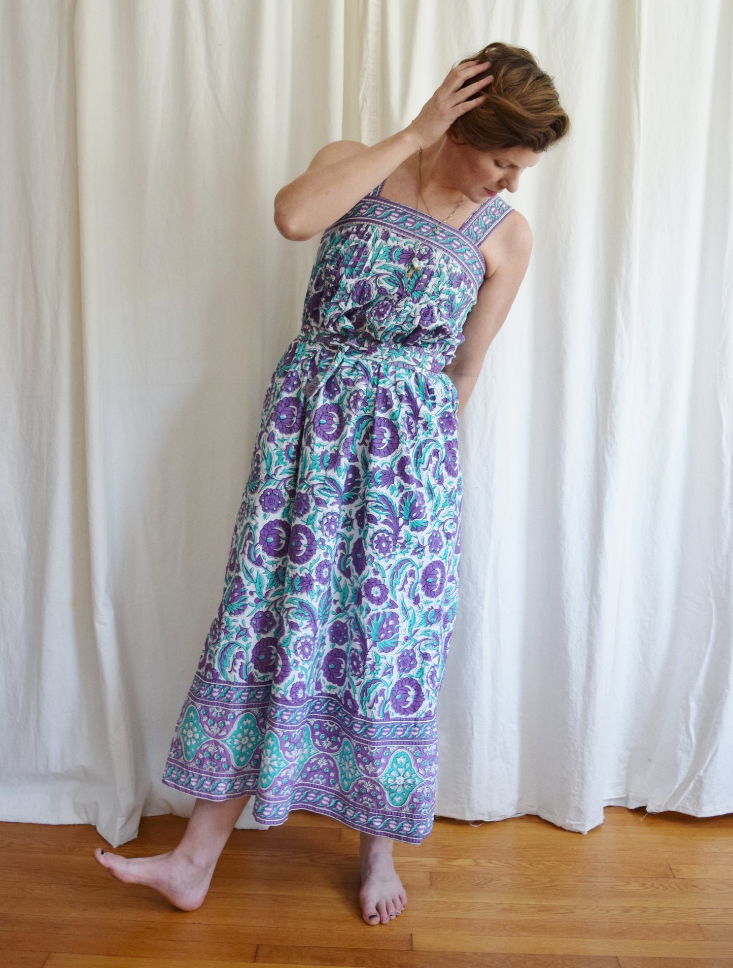 1970s Ramona Rull Indian Block Print Maxi Dress