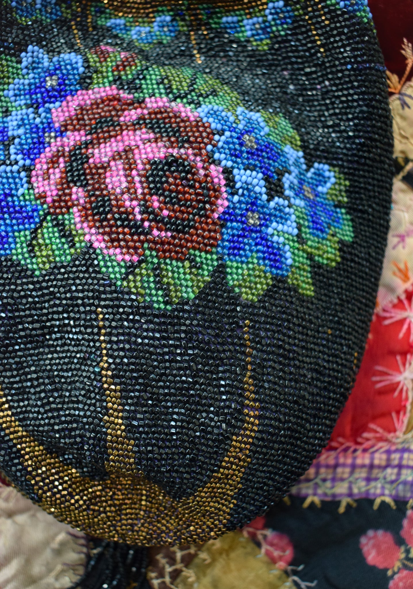 Antique Art Deco Beaded Drawstring Purse | Dark Floral