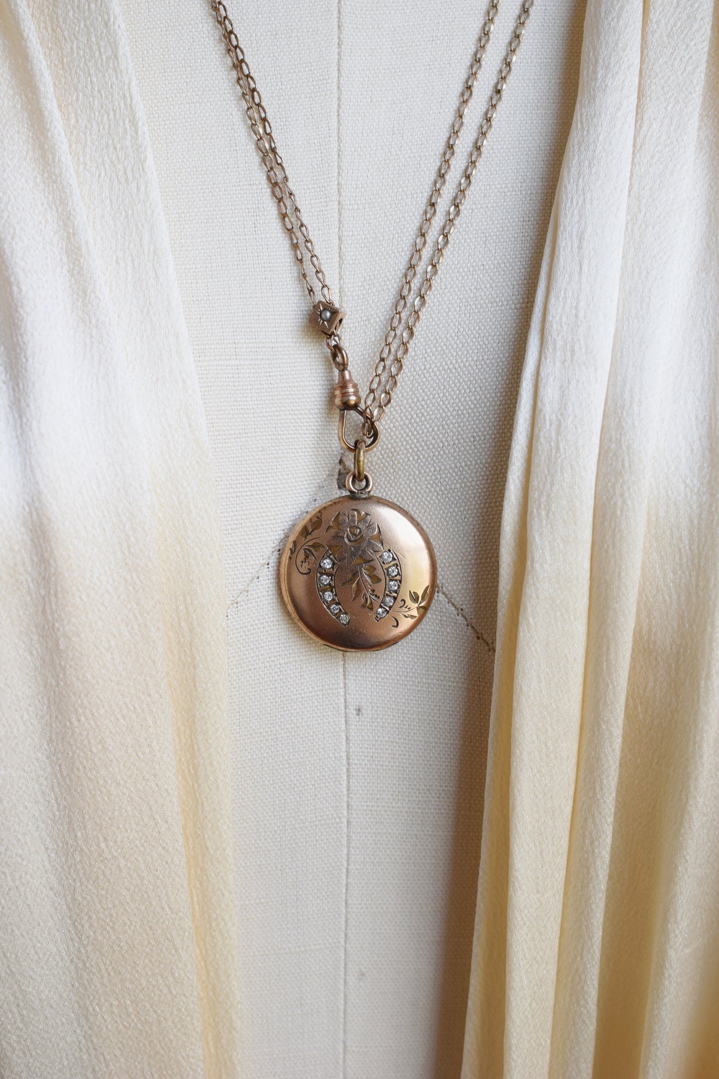 Antique Lucky Horseshoe Locket on Fob Chain with Pearl Slider
