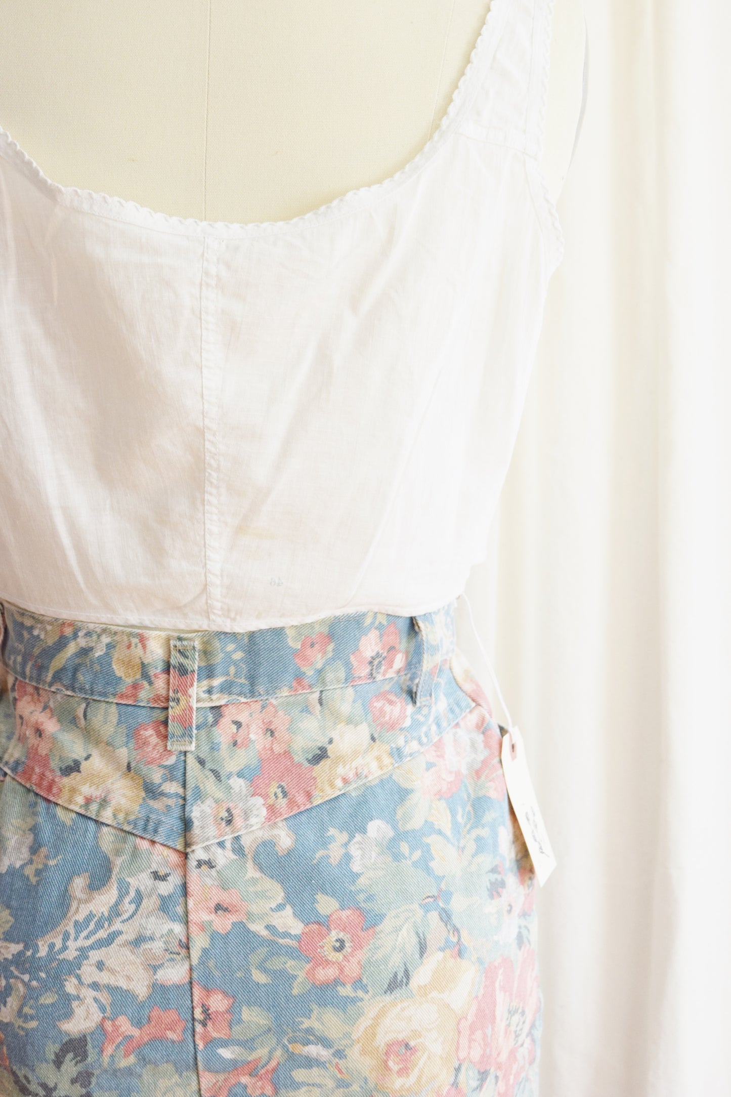 1980s Pastel Floral Print Denim Skirt