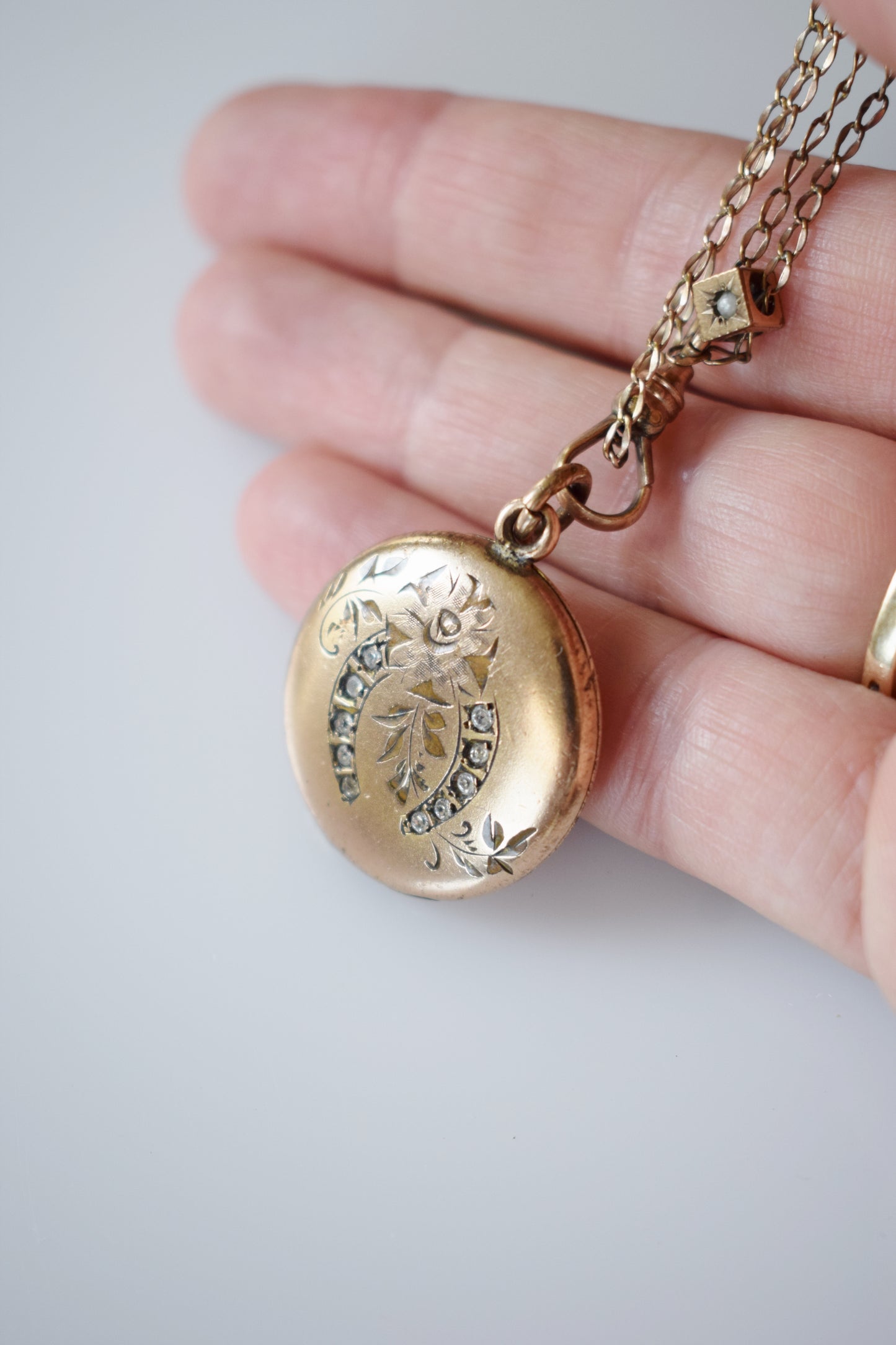 Antique Lucky Horseshoe Locket on Fob Chain with Pearl Slider