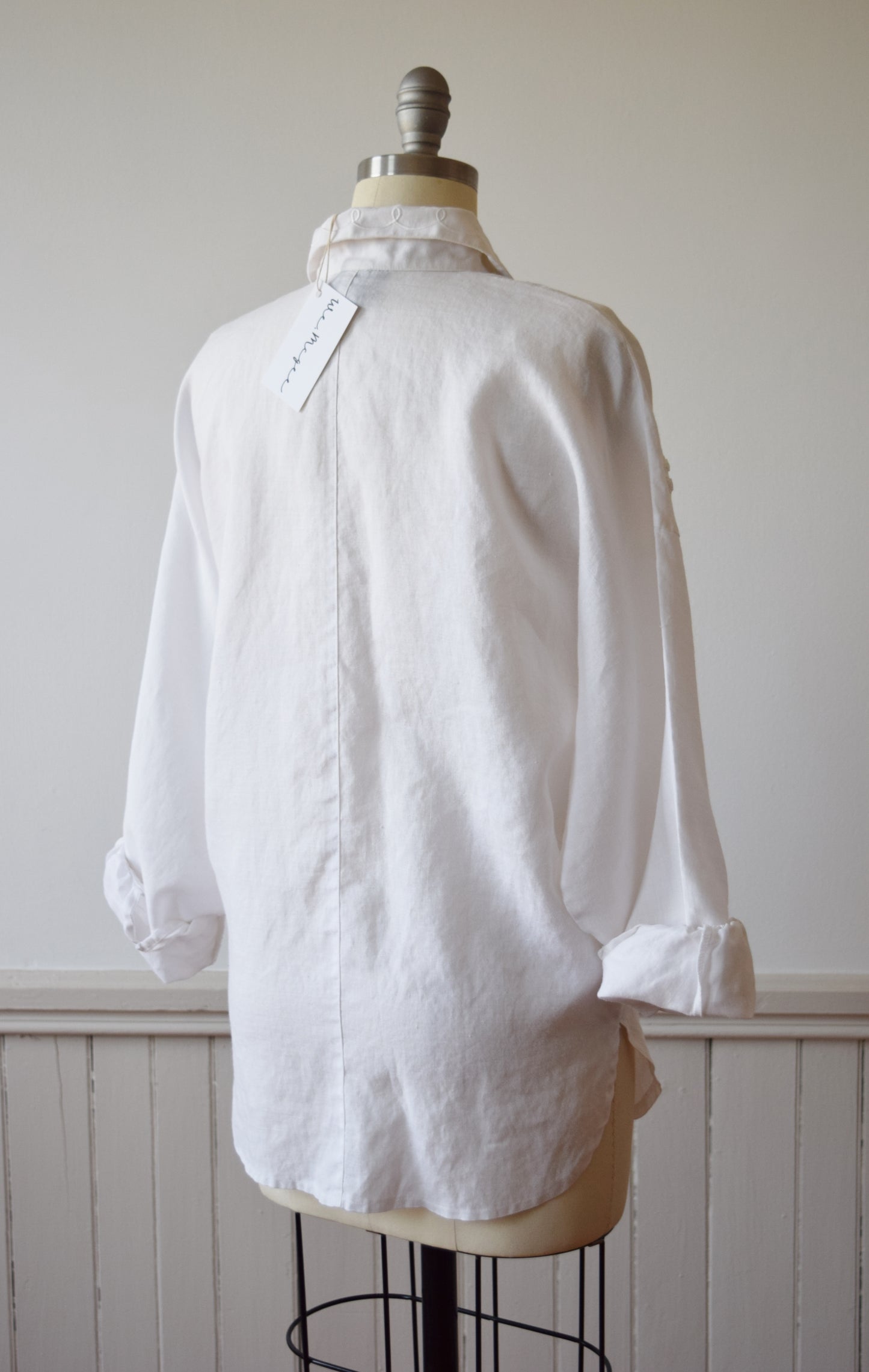 White Ramie Pullover Blouse with Beading | 1990s | S/M