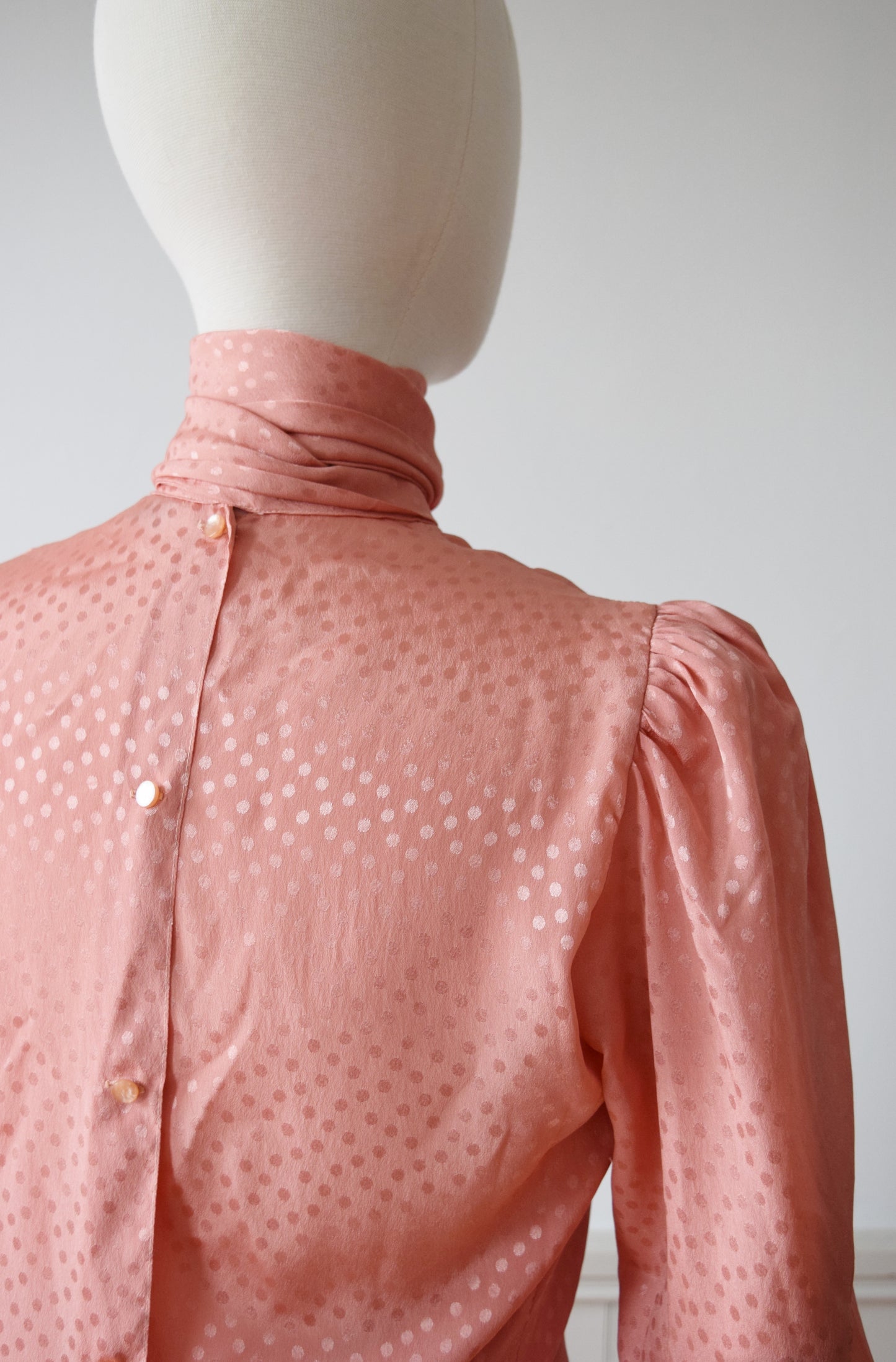 Peachy Silky Secretary Blouse | 1980s Pink Satin Blouse with Bishop Sleeves | M