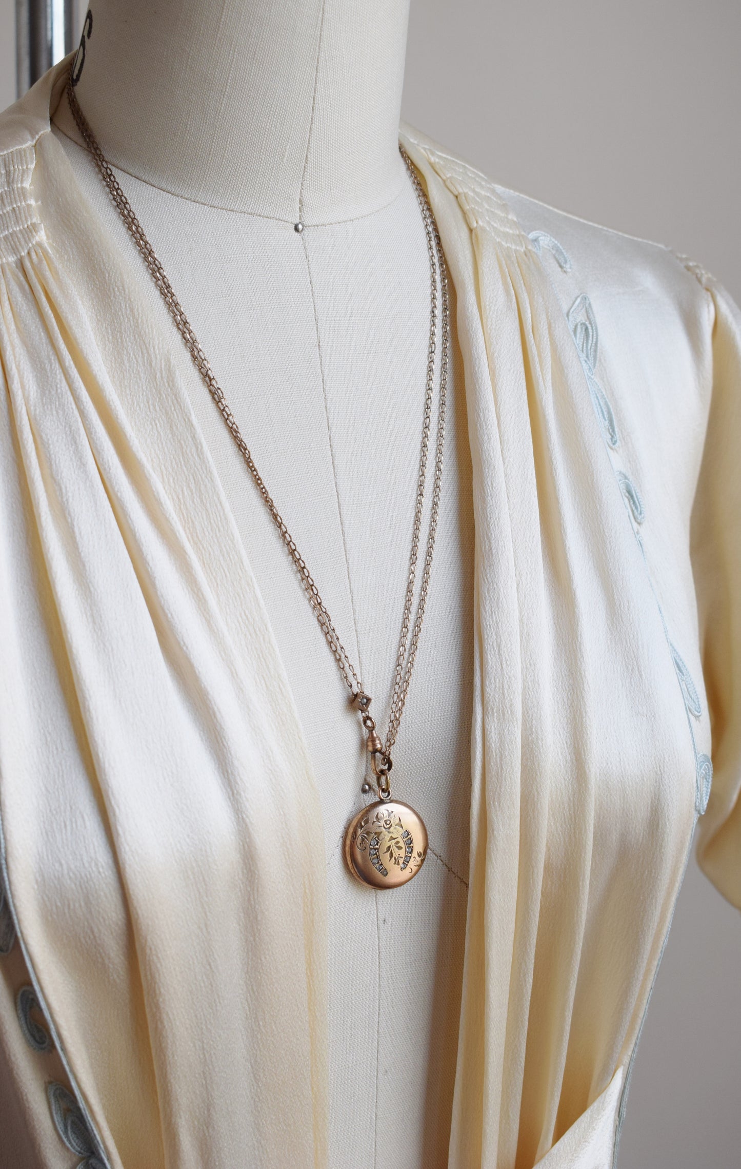 Antique Lucky Horseshoe Locket on Fob Chain with Pearl Slider