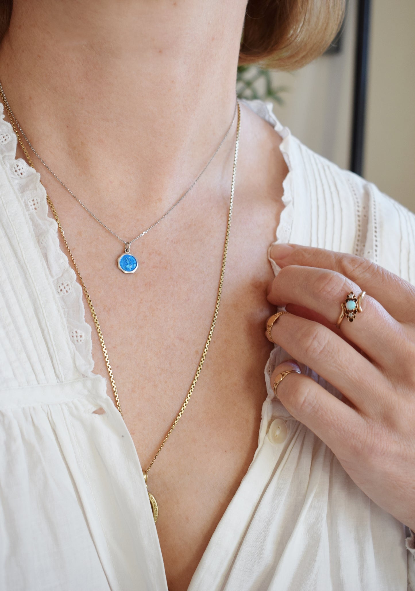 Vintage Petite Silver and Enamel St. Christopher Charm/Amulet Necklace