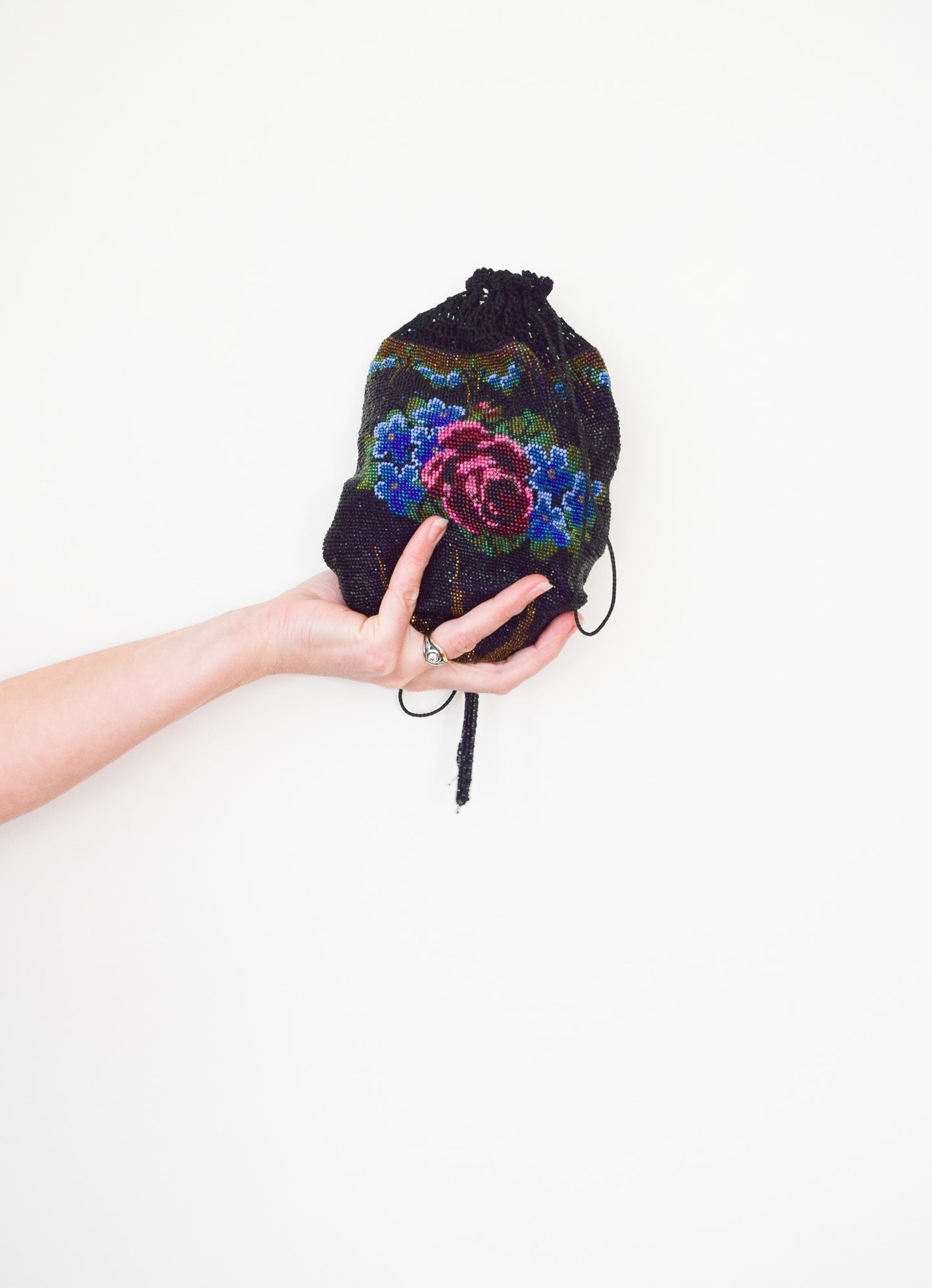 Antique Art Deco Beaded Drawstring Purse | Dark Floral