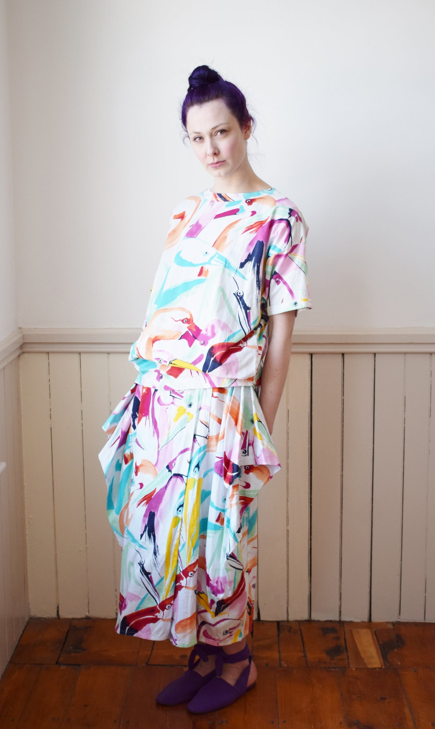1980s Escada Tropical Bird Print Dress Set | M-L