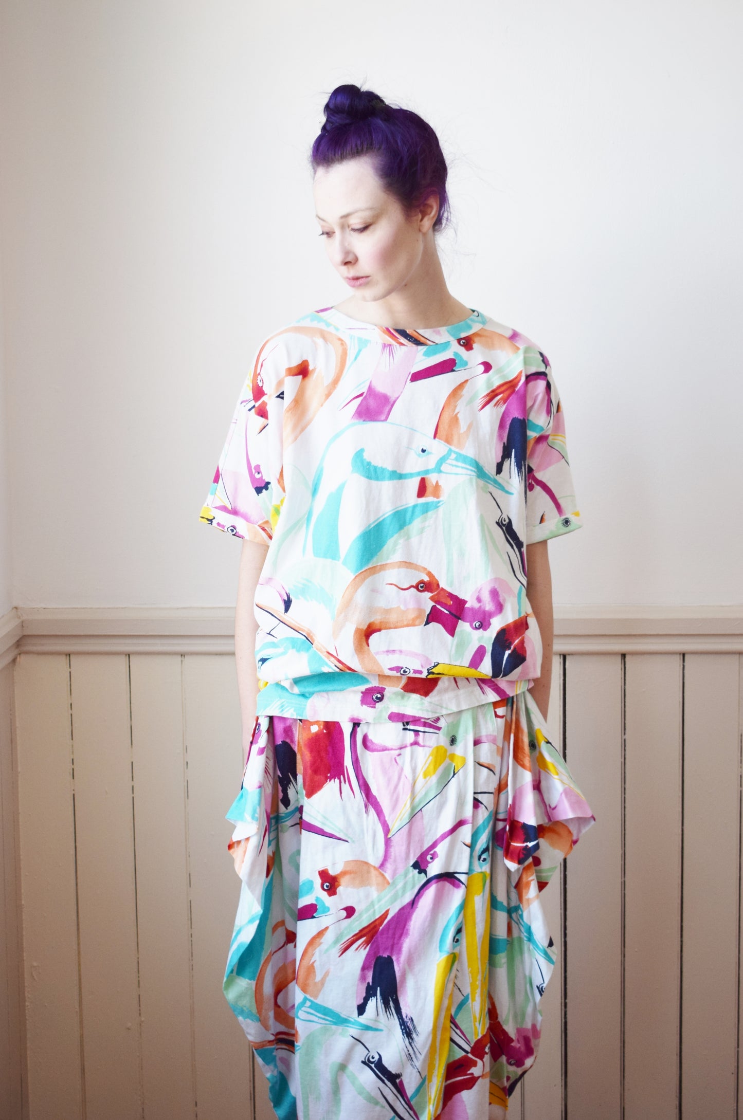 1980s Escada Tropical Bird Print Dress Set | M-L