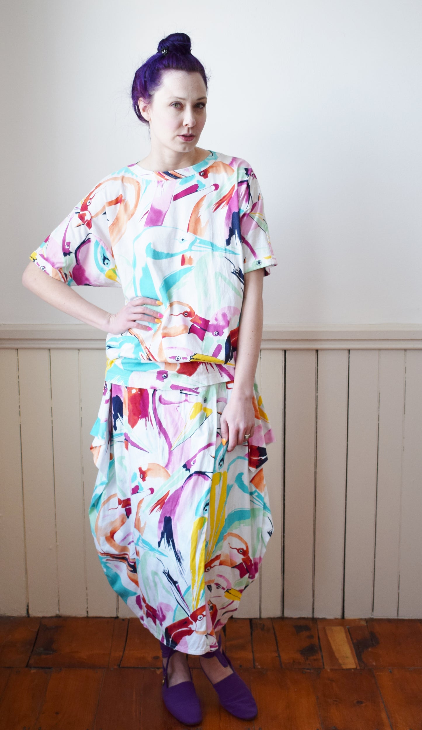 1980s Escada Tropical Bird Print Dress Set | M-L