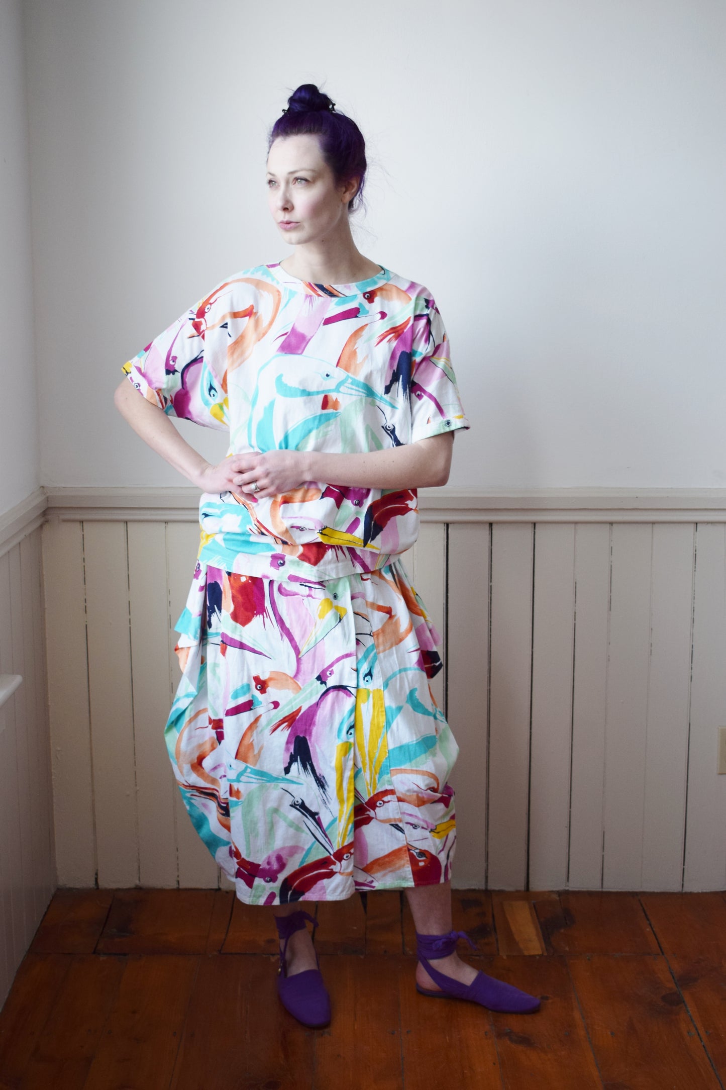 1980s Escada Tropical Bird Print Dress Set | M-L