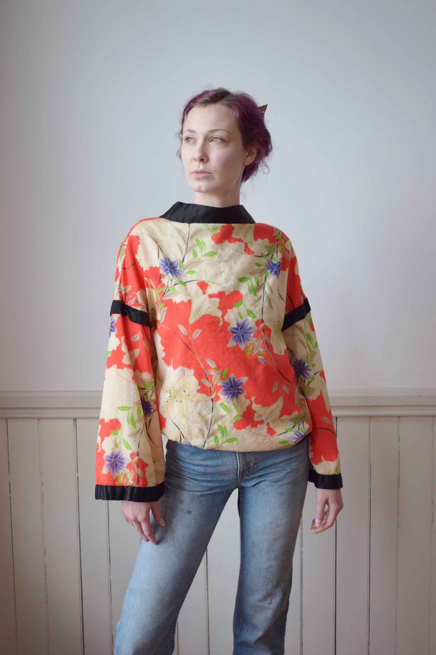 Antique 1920s Wool and Pongee Tie Top | OS